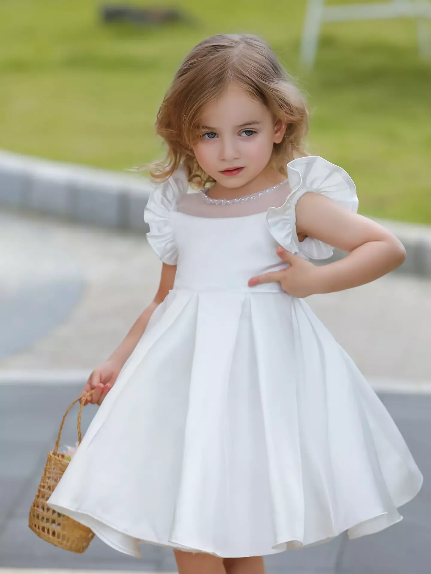 Kawa White Satin Flutter Sleeve Pleated Floor Length Flower Girl Dress