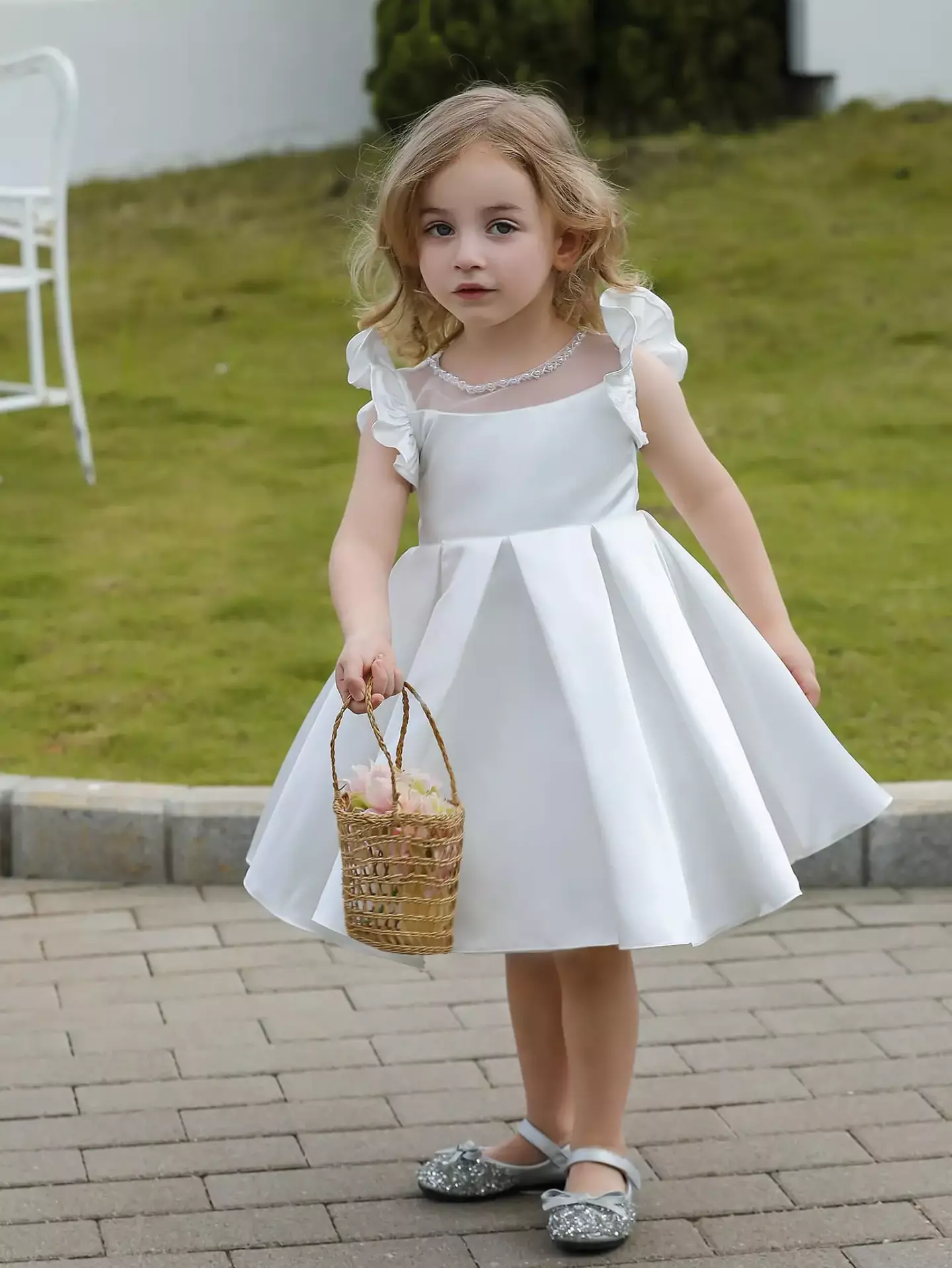 Kawa White Satin Flutter Sleeve Pleated Floor Length Flower Girl Dress