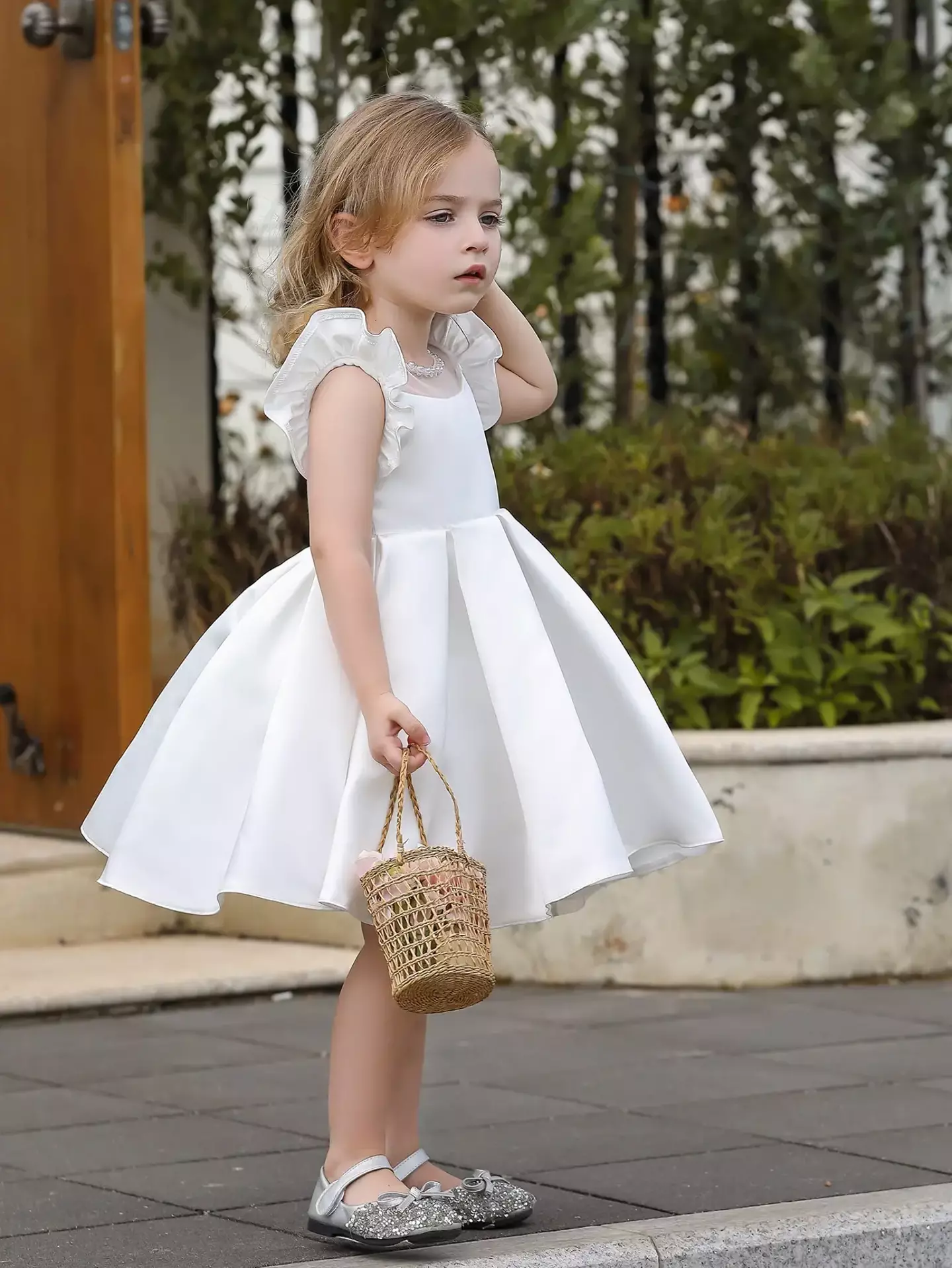 Kawa White Satin Flutter Sleeve Pleated Floor Length Flower Girl Dress