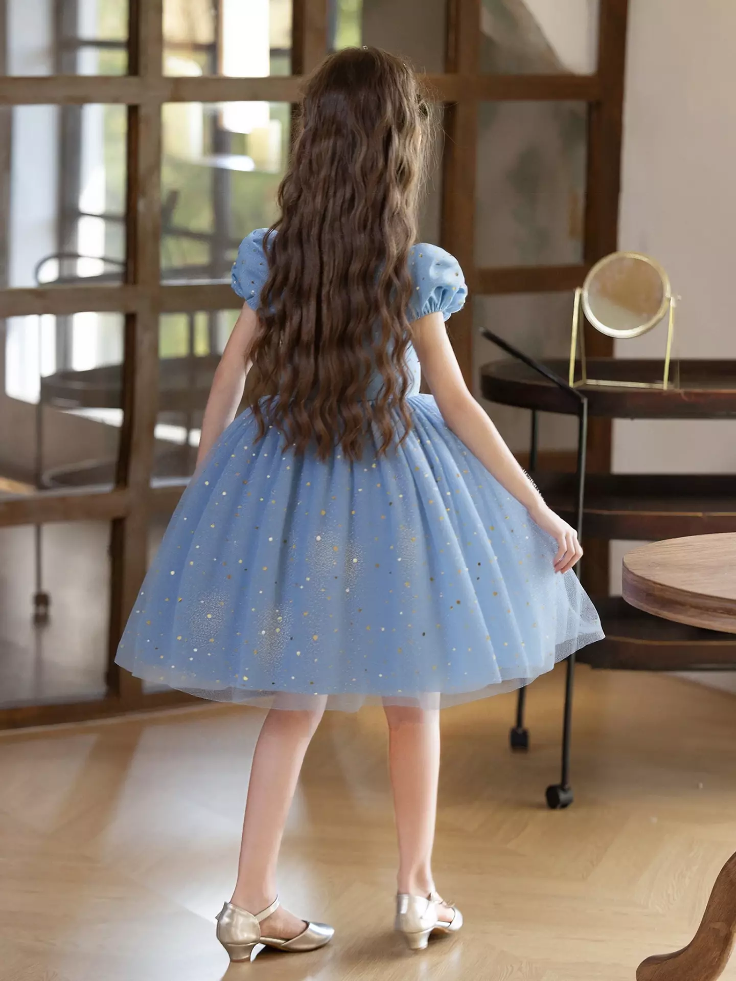 Emerson Blue Sparkle Tulle Puff Sleeve Knee Length Girls Party Dress