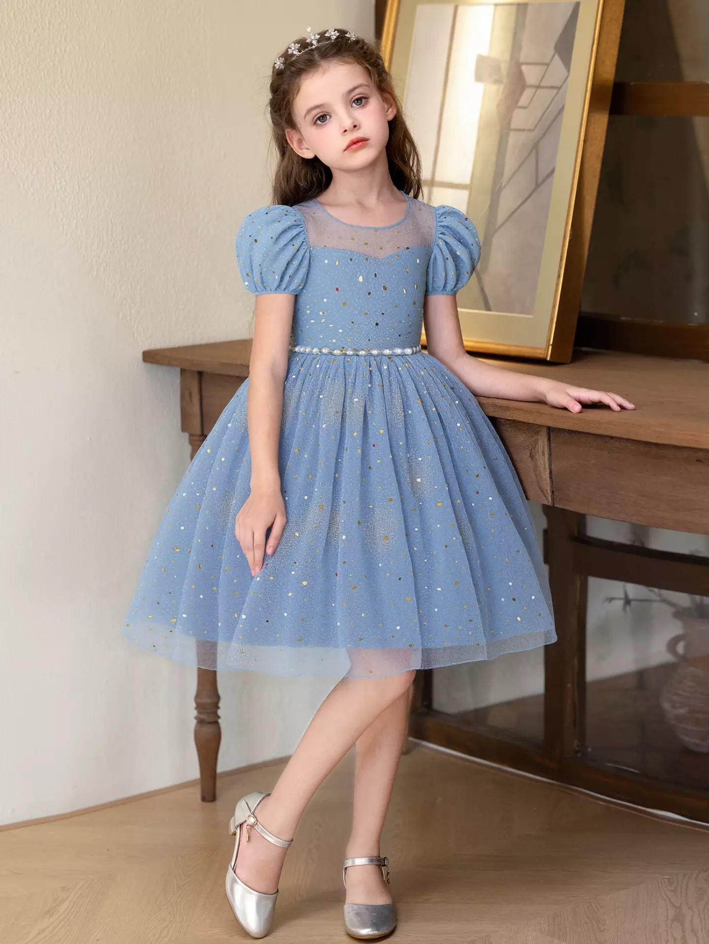 Emerson Blue Sparkle Tulle Puff Sleeve Knee Length Girls Party Dress