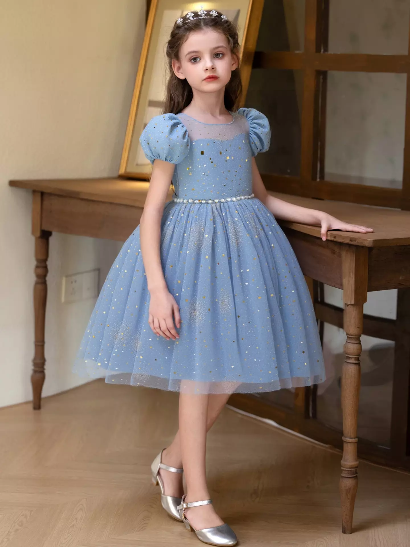 Emerson Blue Sparkle Tulle Puff Sleeve Knee Length Girls Party Dress
