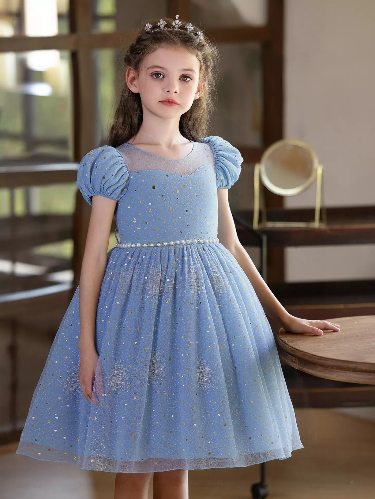 Emerson Blue Sparkle Tulle Puff Sleeve Knee Length Girls Party Dress