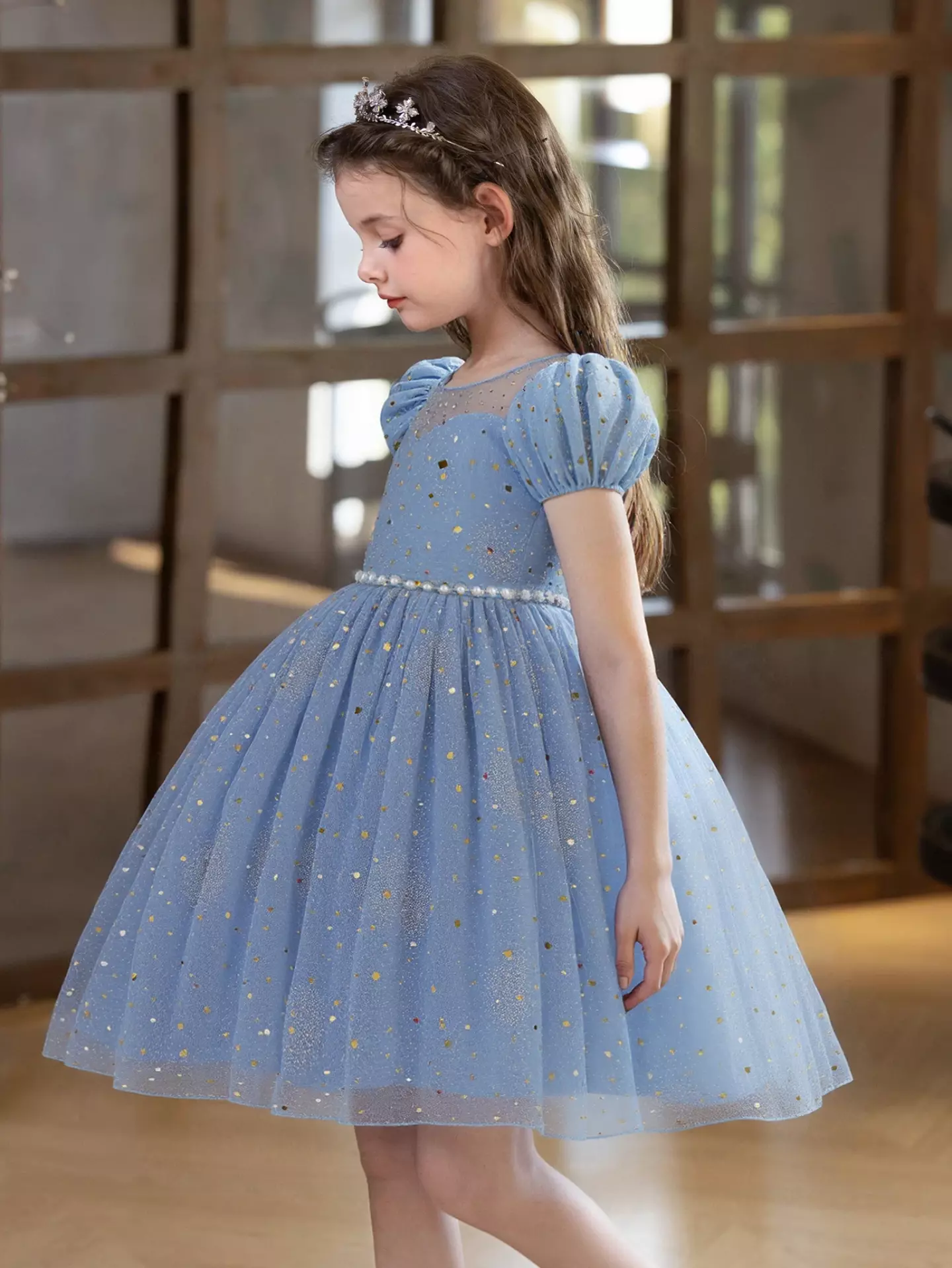 Emerson Blue Sparkle Tulle Puff Sleeve Knee Length Girls Party Dress