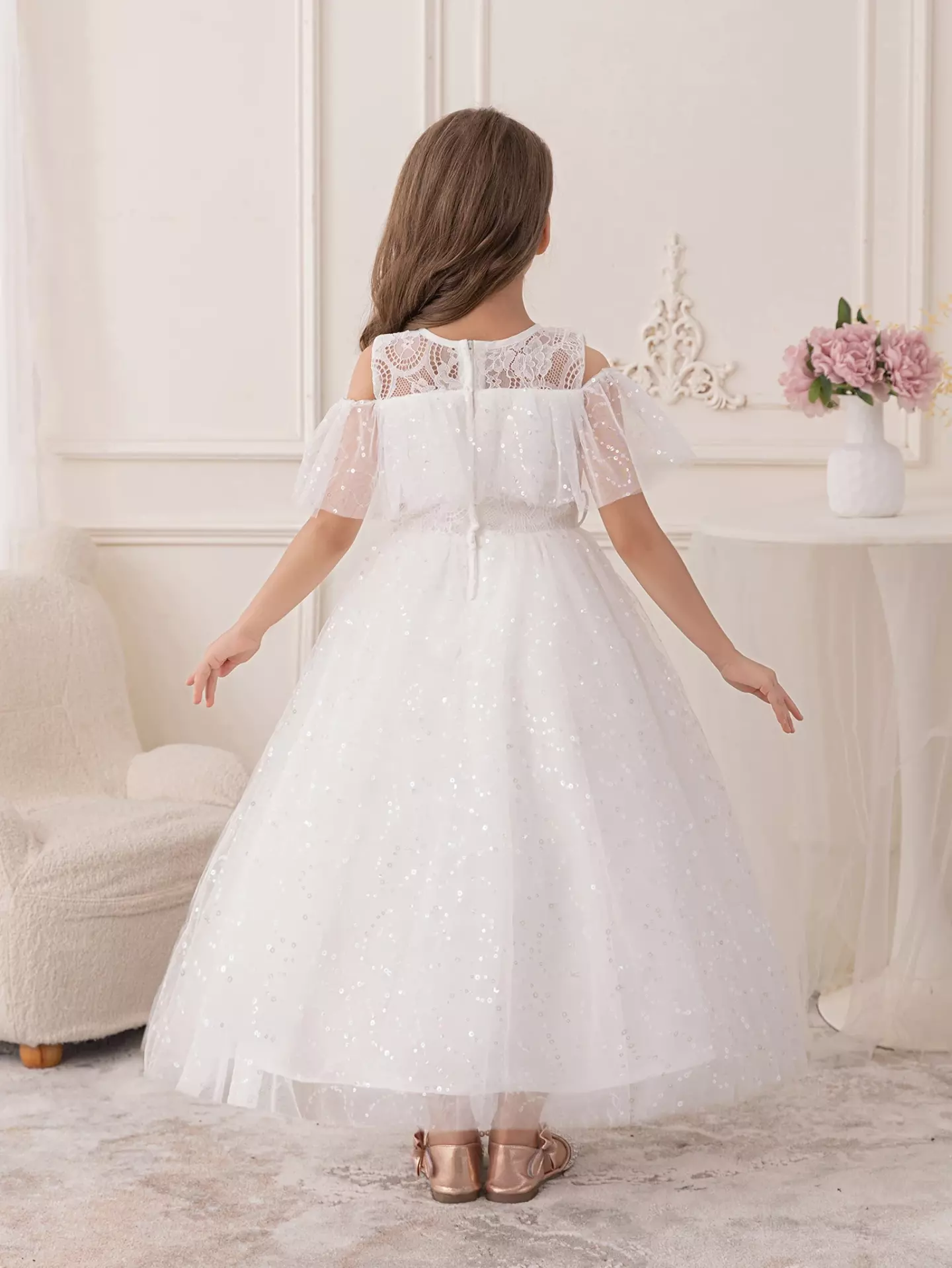 Jones White Lace Sequin Tulle Tea Length Flower Girl Communion Dress