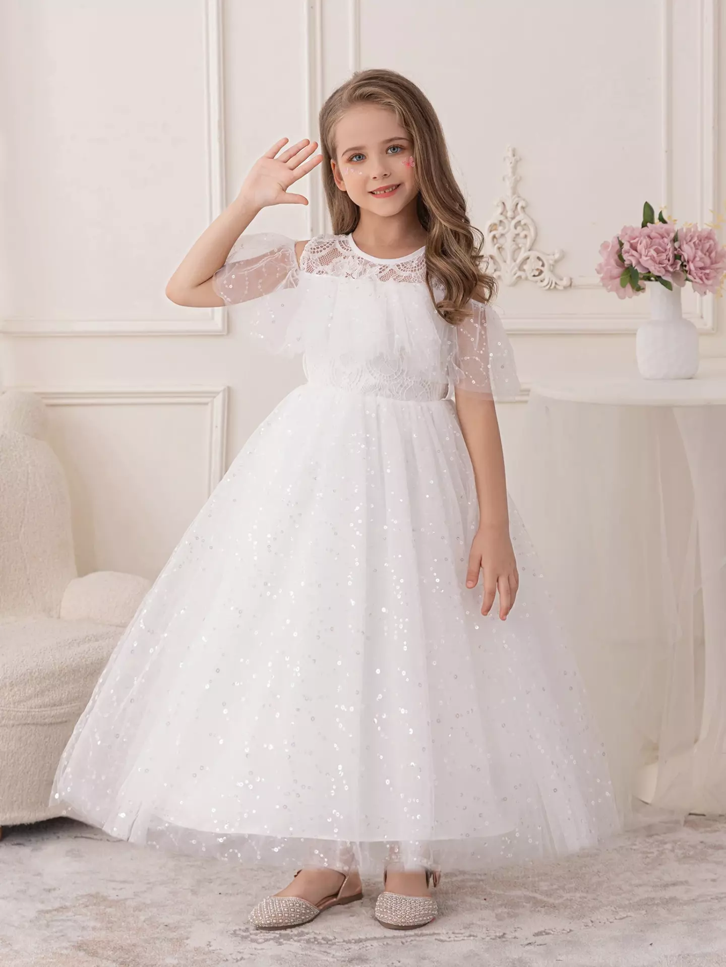 Jones White Lace Sequin Tulle Tea Length Flower Girl Communion Dress