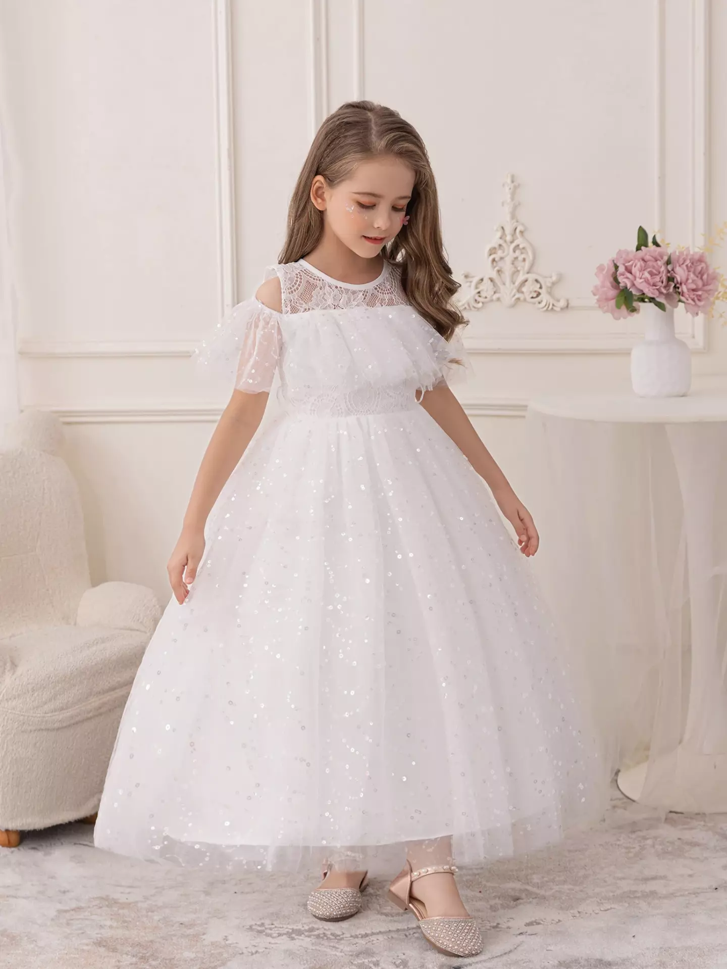 Jones White Lace Sequin Tulle Tea Length Flower Girl Communion Dress