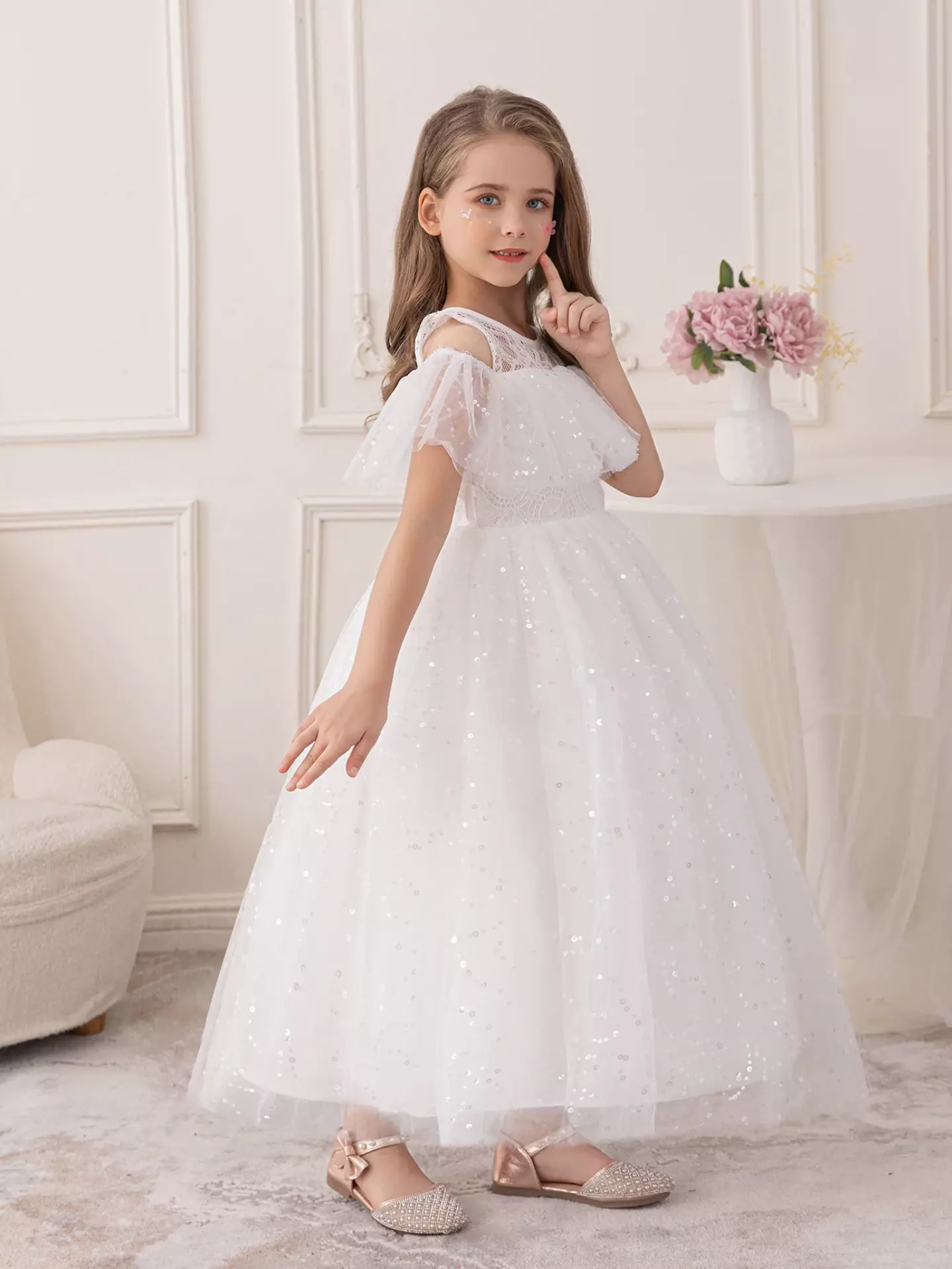 Jones White Lace Sequin Tulle Tea Length Flower Girl Communion Dress