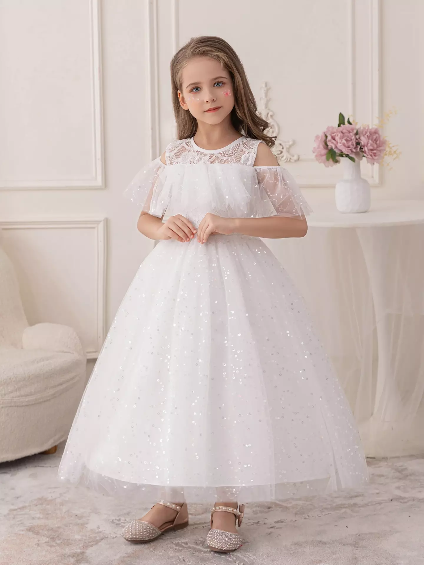 Jones White Lace Sequin Tulle Tea Length Flower Girl Communion Dress