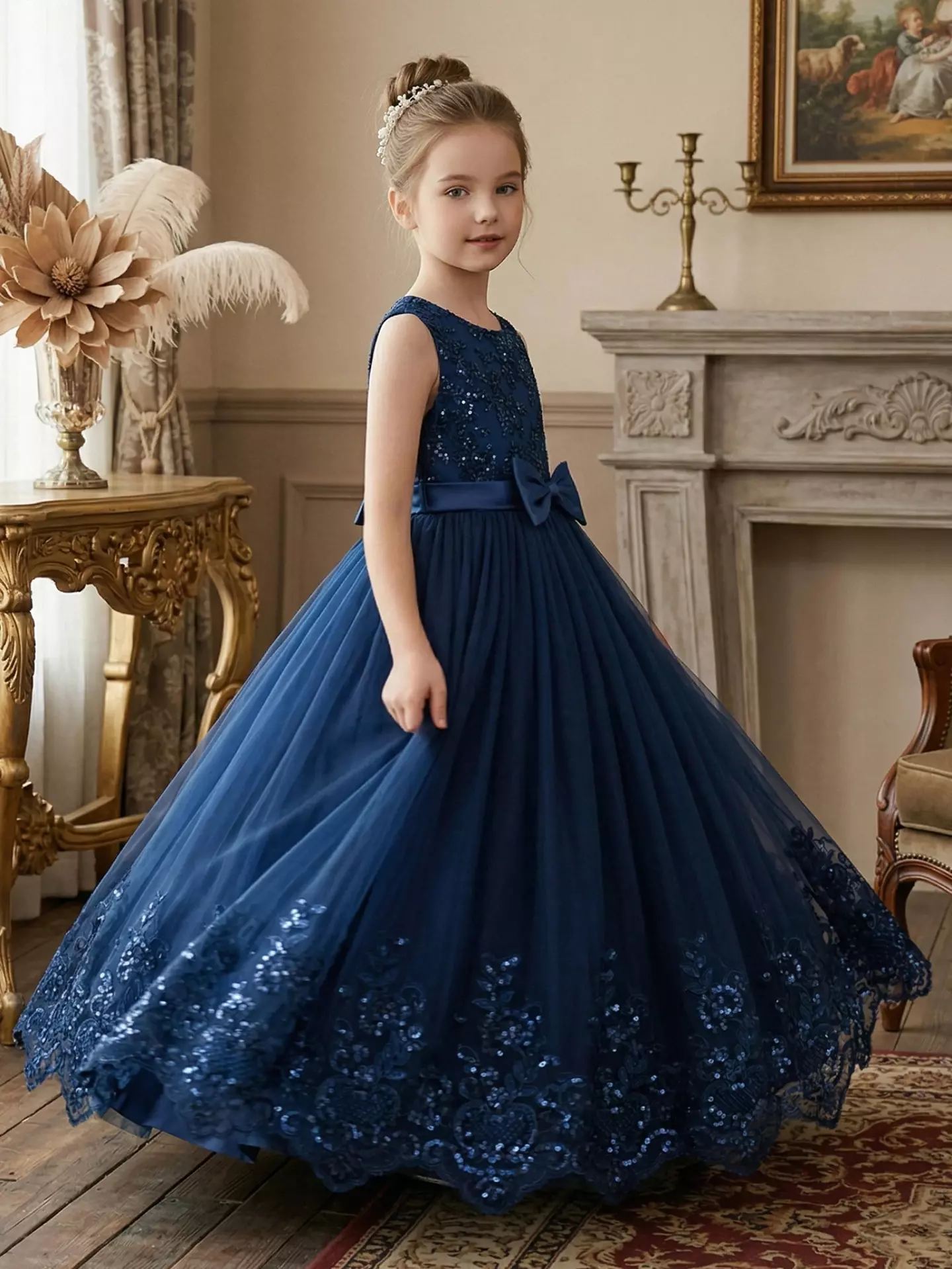 Sloane Navy Sequin Lace Bow Tulle Tea Length Girls Party Dress