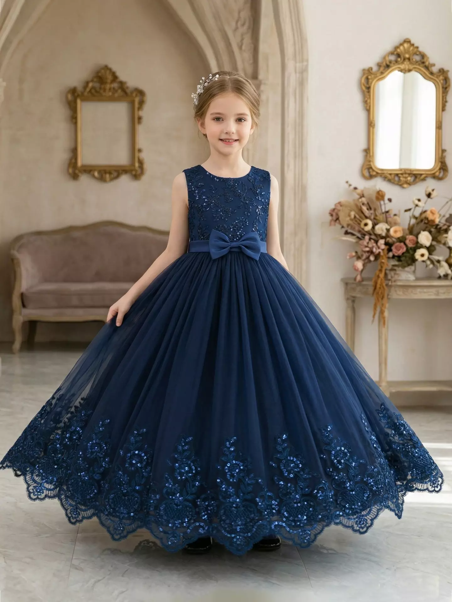 Sloane Navy Sequin Lace Bow Tulle Tea Length Girls Party Dress