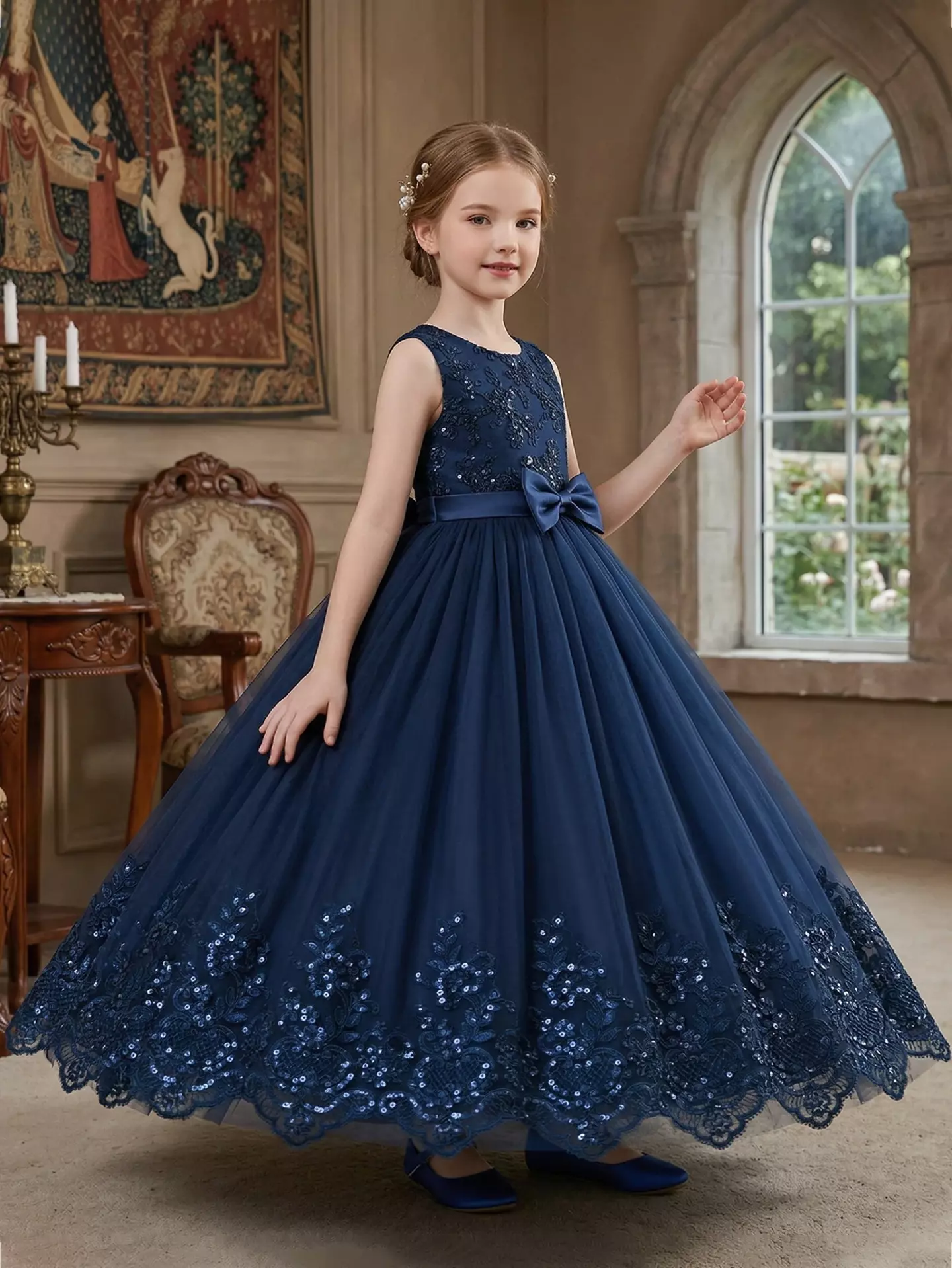 Sloane Navy Sequin Lace Bow Tulle Tea Length Girls Party Dress