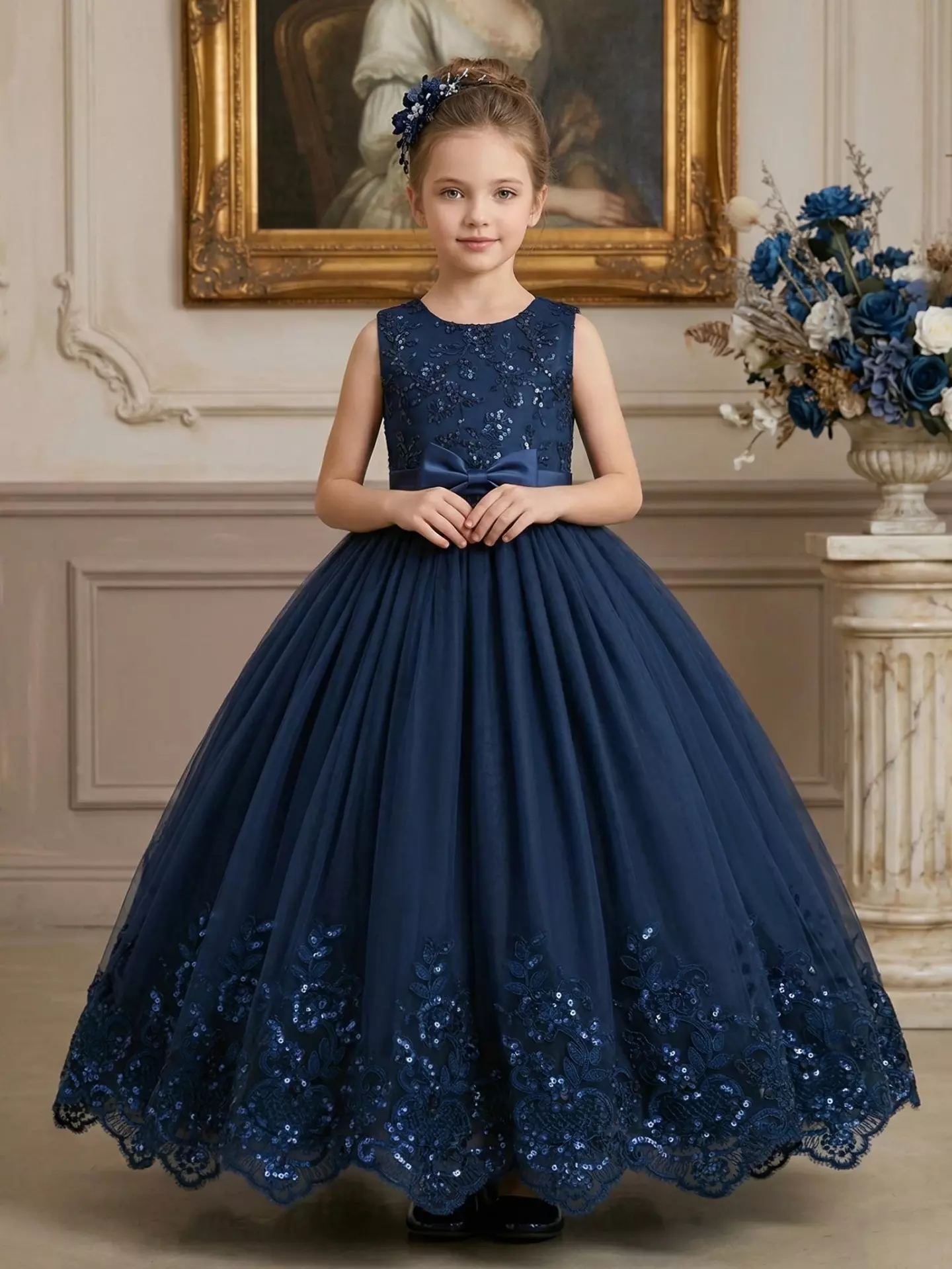 Sloane Navy Sequin Lace Bow Tulle Tea Length Girls Party Dress