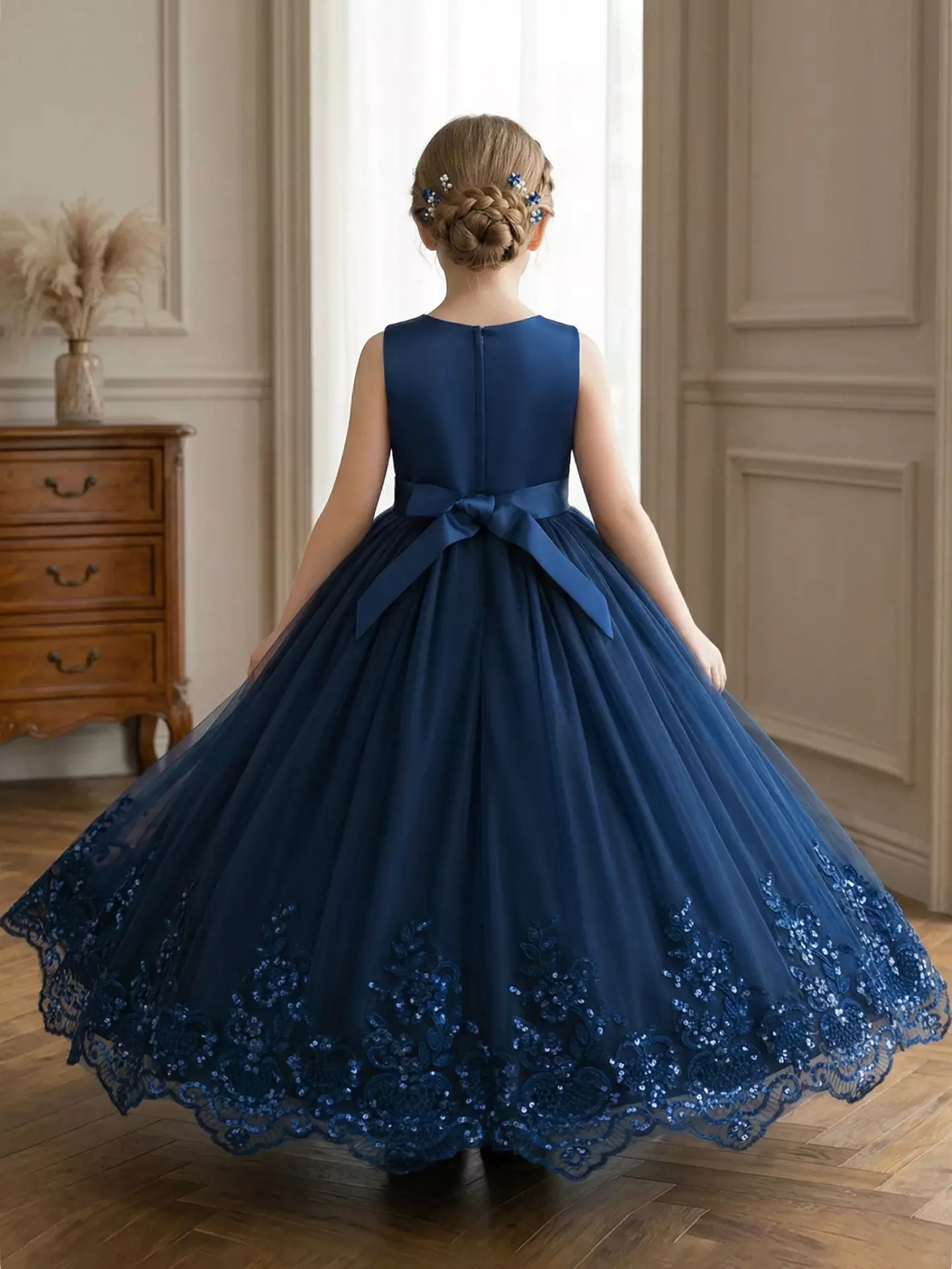 Sloane Navy Sequin Lace Bow Tulle Tea Length Girls Party Dress