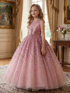 Garcia Dusty Pink Sequin Bodice Sparkle Tulle Tea Length Girls Party Dress