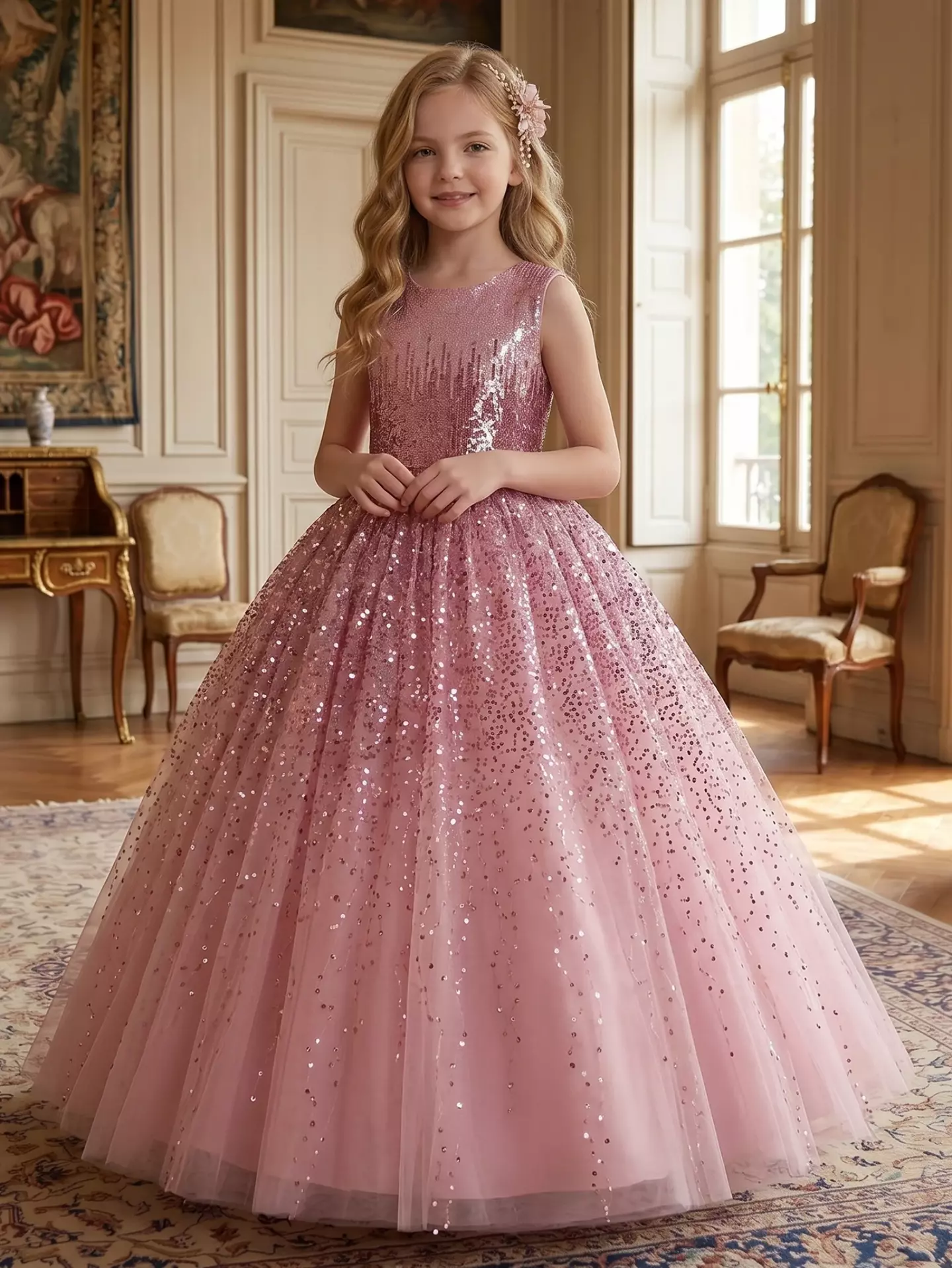 Garcia Dusty Pink Sequin Bodice Sparkle Tulle Tea Length Girls Party Dress