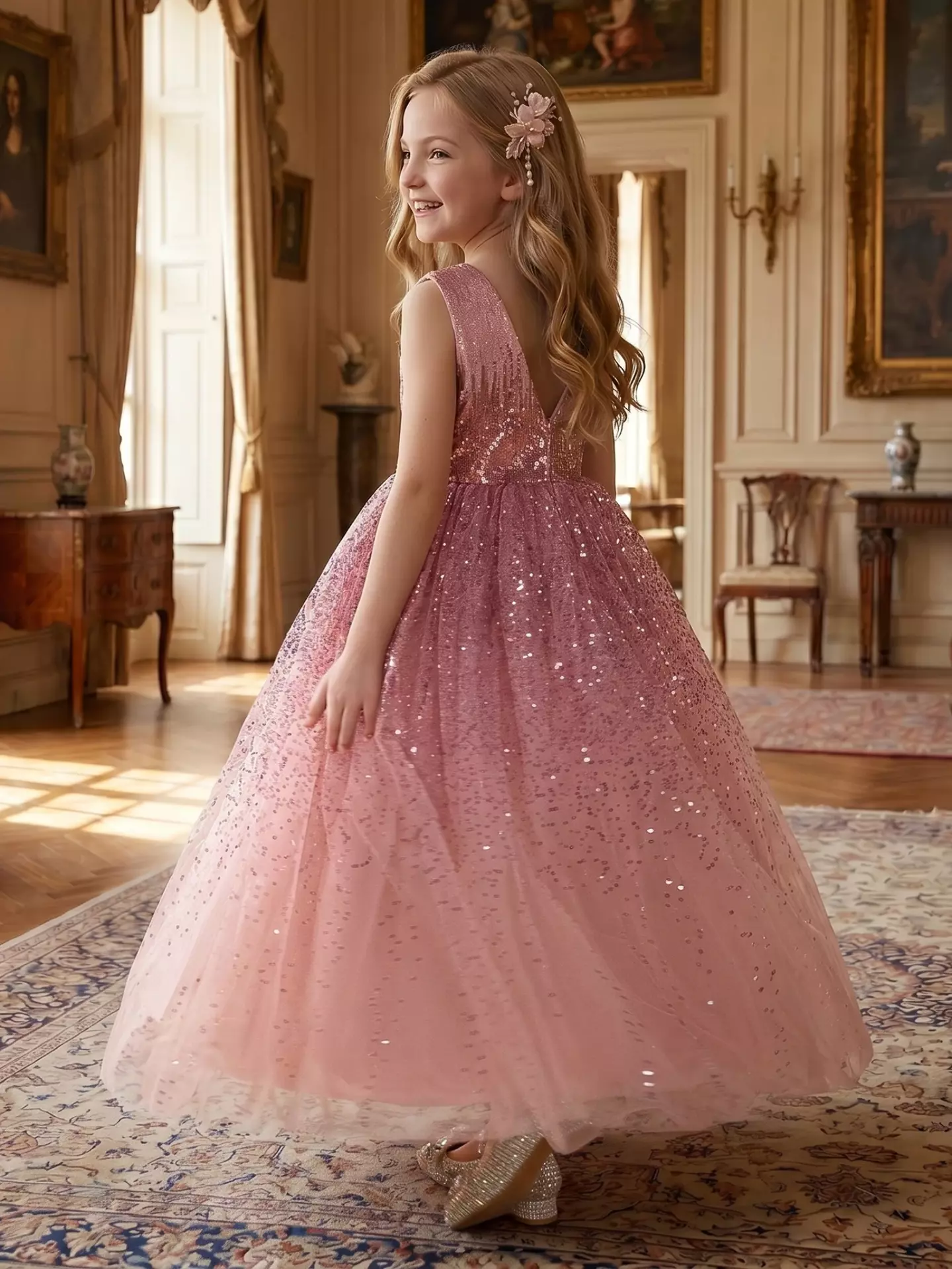 Garcia Dusty Pink Sequin Bodice Sparkle Tulle Tea Length Girls Party Dress