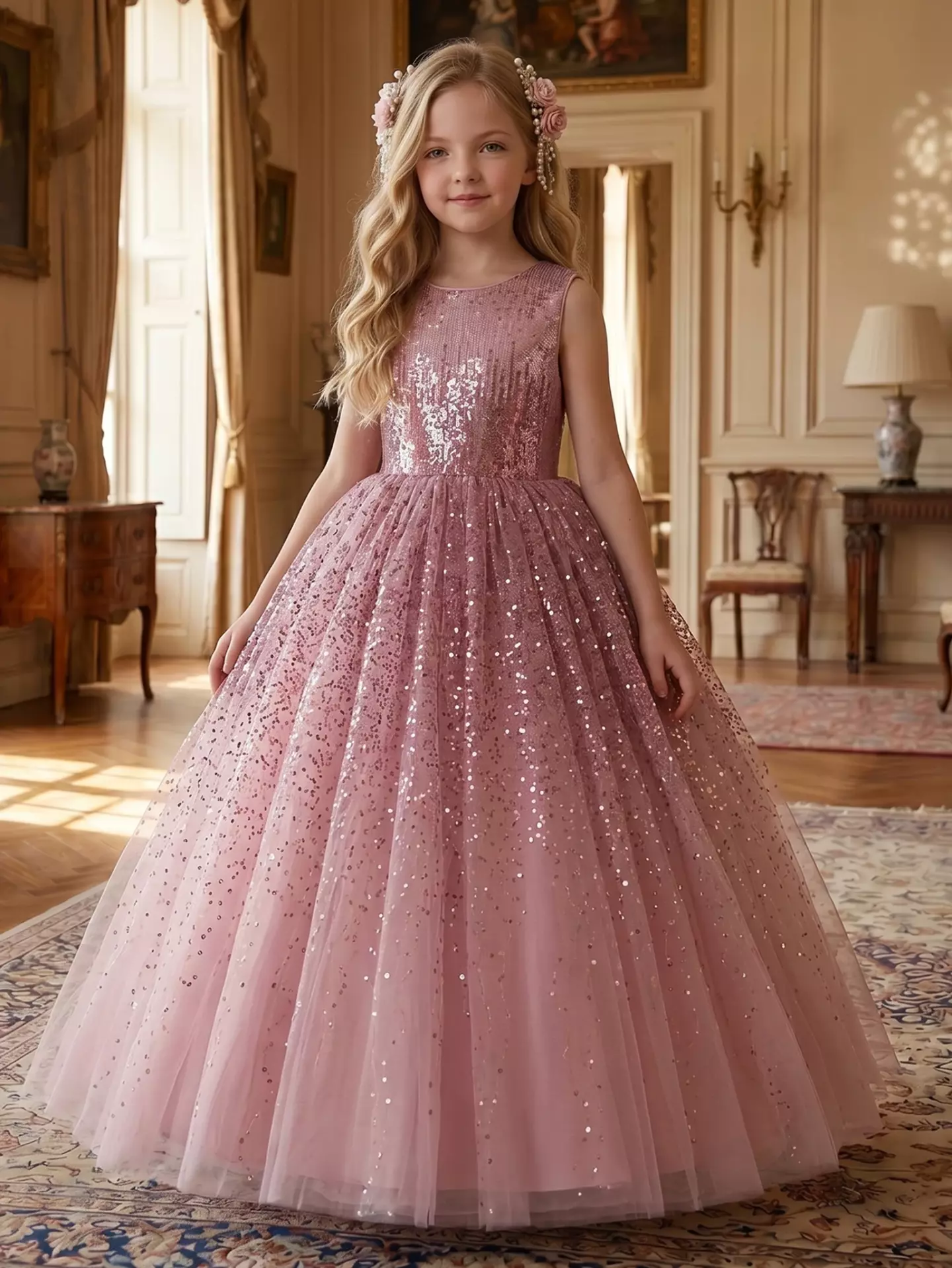 Garcia Dusty Pink Sequin Bodice Sparkle Tulle Tea Length Girls Party Dress