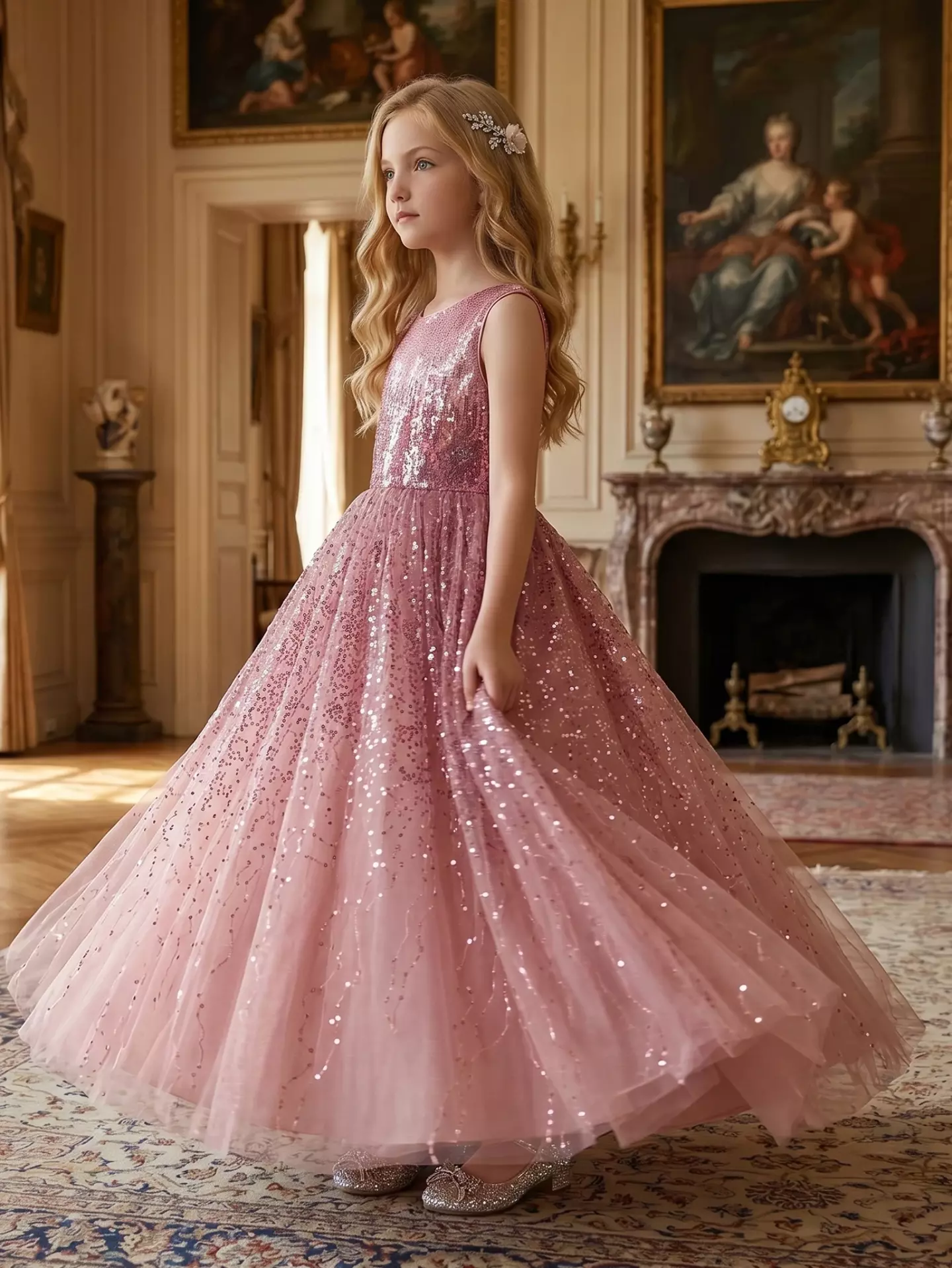 Garcia Dusty Pink Sequin Bodice Sparkle Tulle Tea Length Girls Party Dress