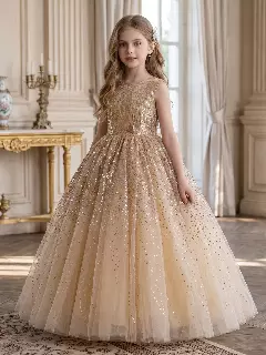 Garcia Champagne Sequin Bodice Sparkle Tulle Tea Length Girls Party Dress
