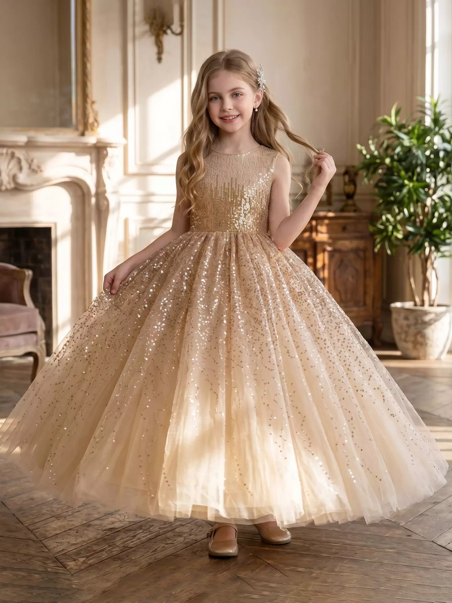 Garcia Champagne Sequin Bodice Sparkle Tulle Tea Length Girls Party Dress