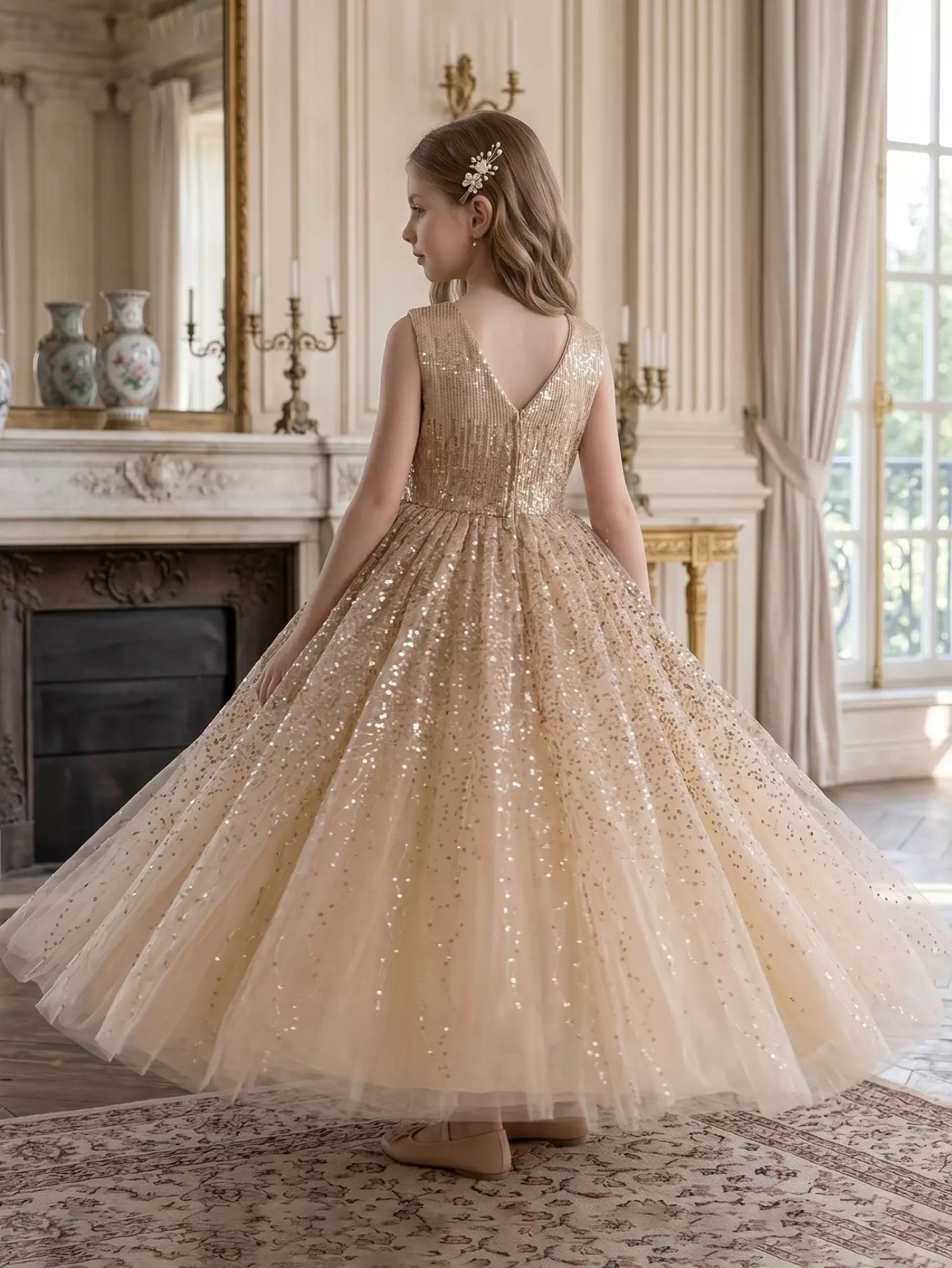 Garcia Champagne Sequin Bodice Sparkle Tulle Tea Length Girls Party Dress