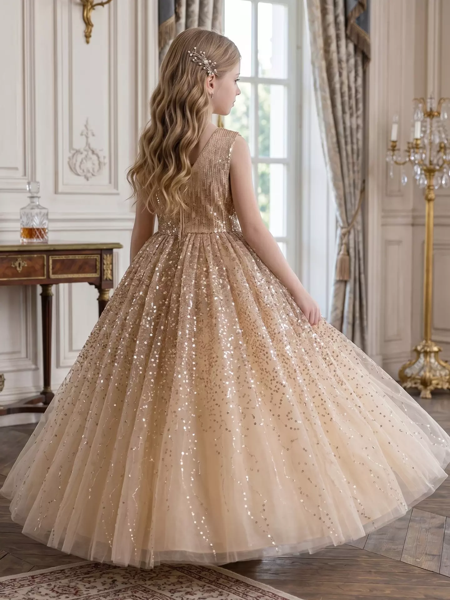 Garcia Champagne Sequin Bodice Sparkle Tulle Tea Length Girls Party Dress