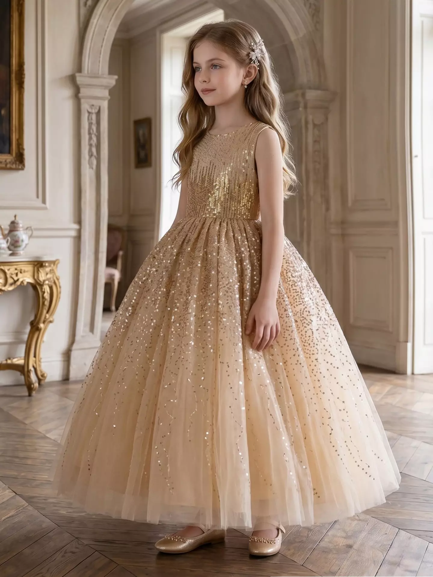 Garcia Champagne Sequin Bodice Sparkle Tulle Tea Length Girls Party Dress