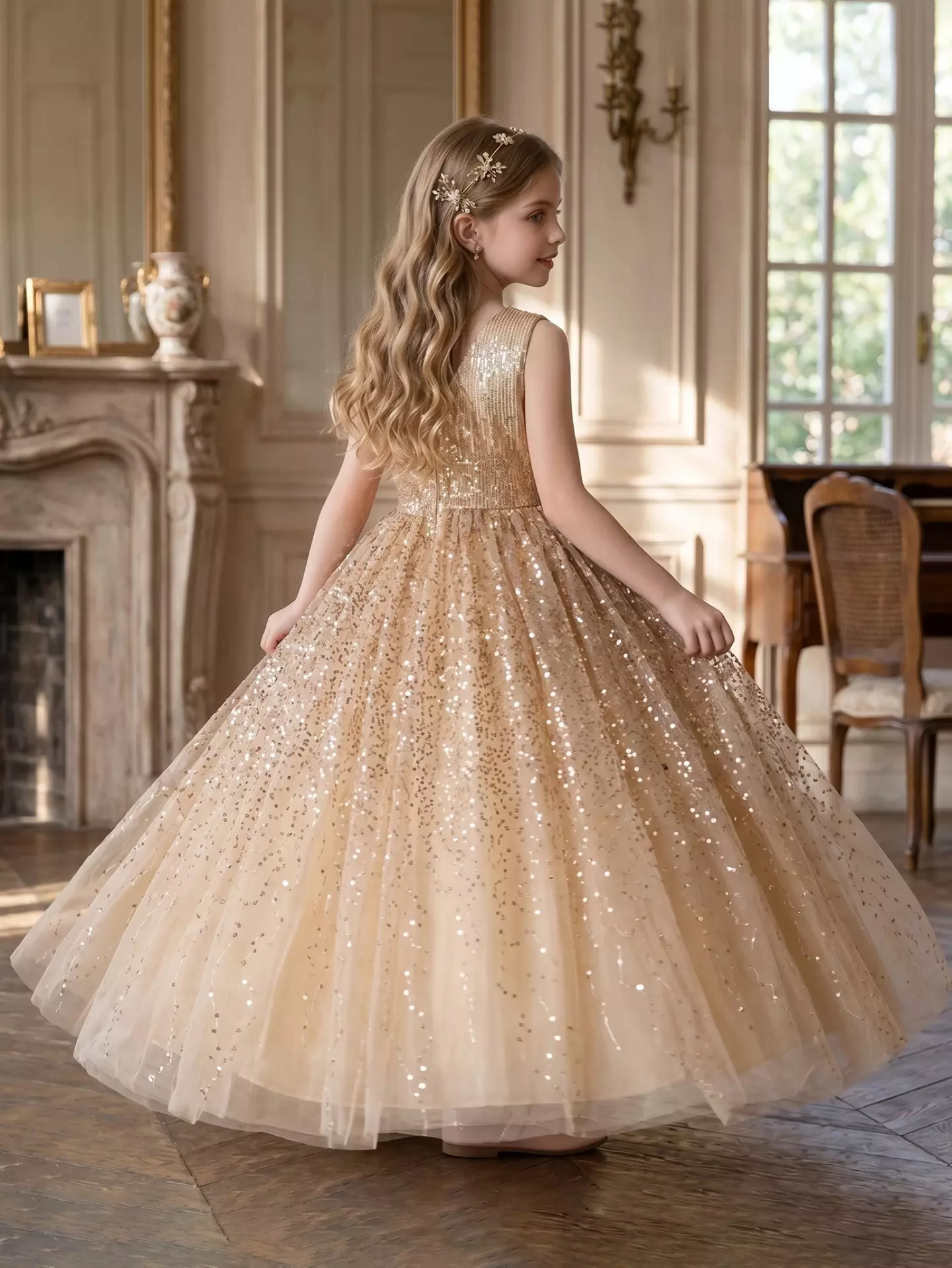 Garcia Champagne Sequin Bodice Sparkle Tulle Tea Length Girls Party Dress