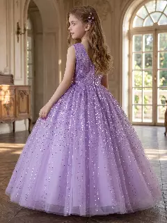 Garcia Lavender Sequin Bodice Sparkle Tulle Tea Length Girls Party Dress