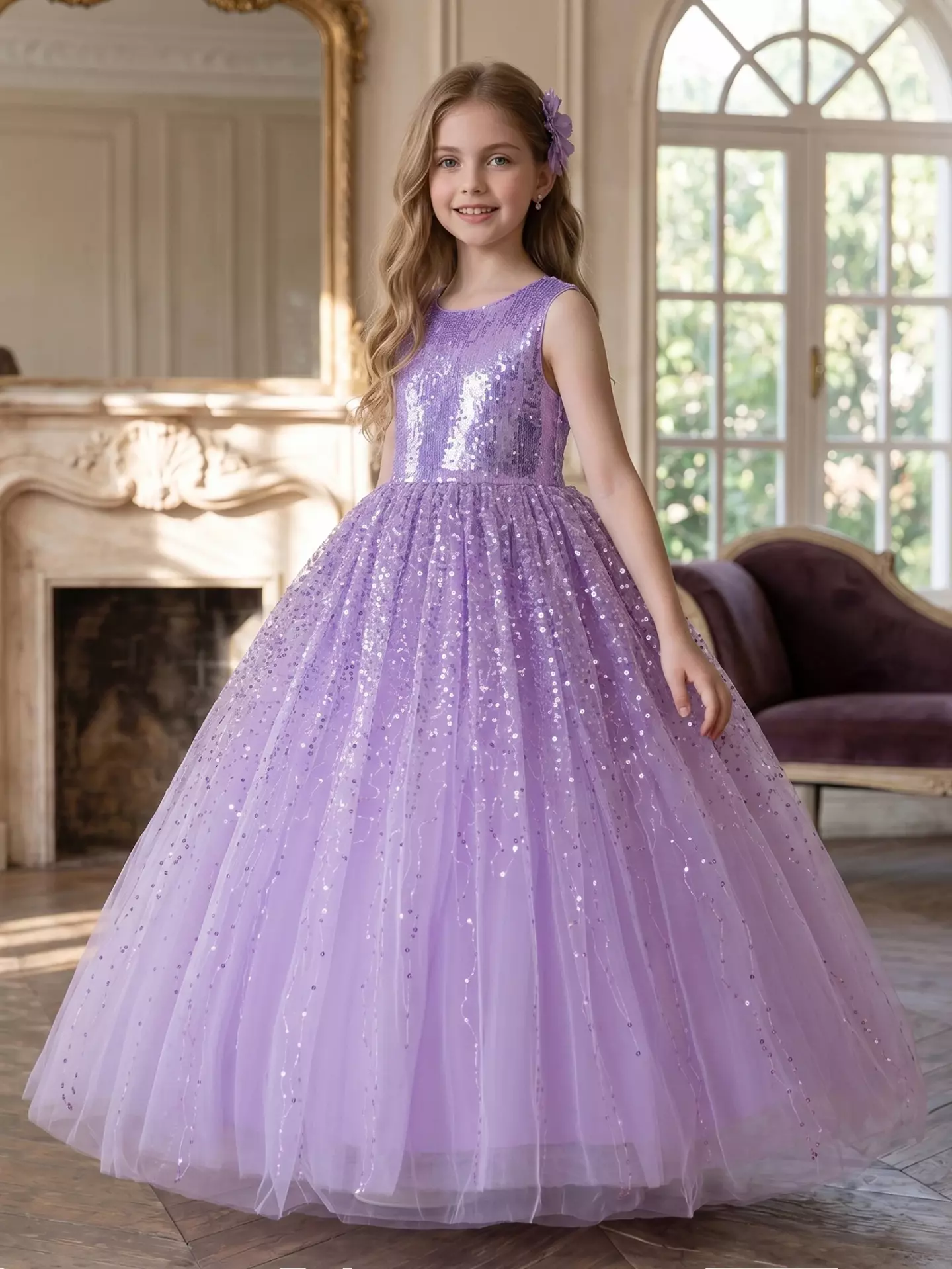 Garcia Lavender Sequin Bodice Sparkle Tulle Tea Length Girls Party Dress