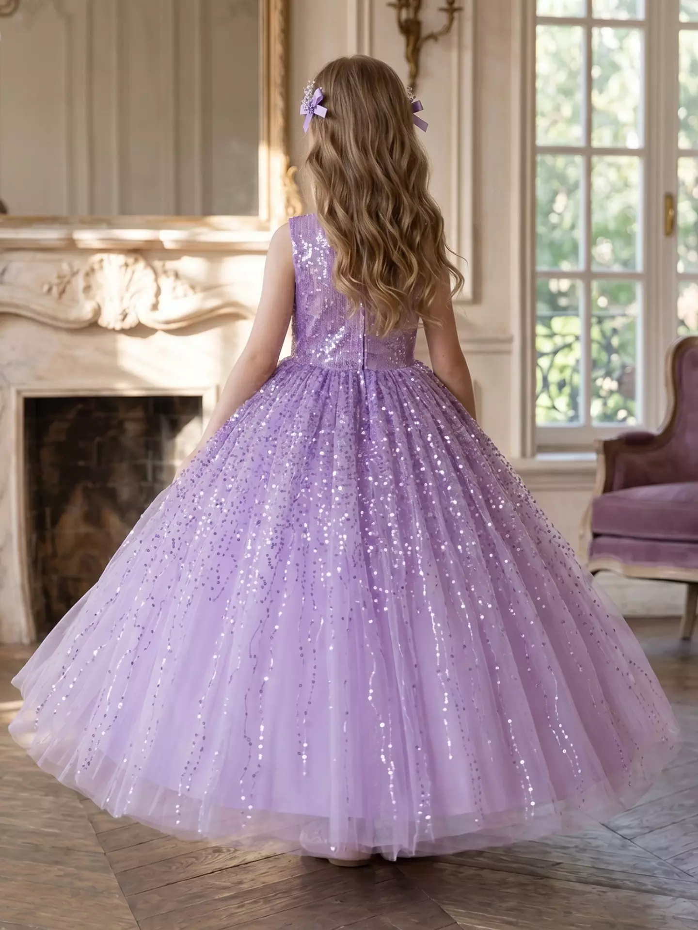 Garcia Lavender Sequin Bodice Sparkle Tulle Tea Length Girls Party Dress
