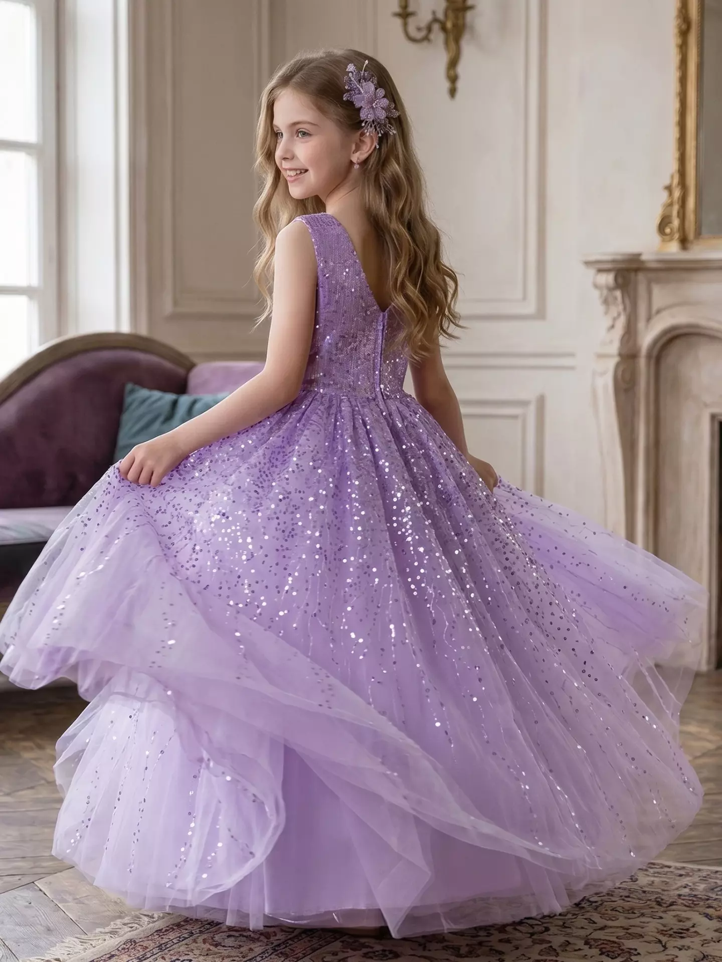 Garcia Lavender Sequin Bodice Sparkle Tulle Tea Length Girls Party Dress