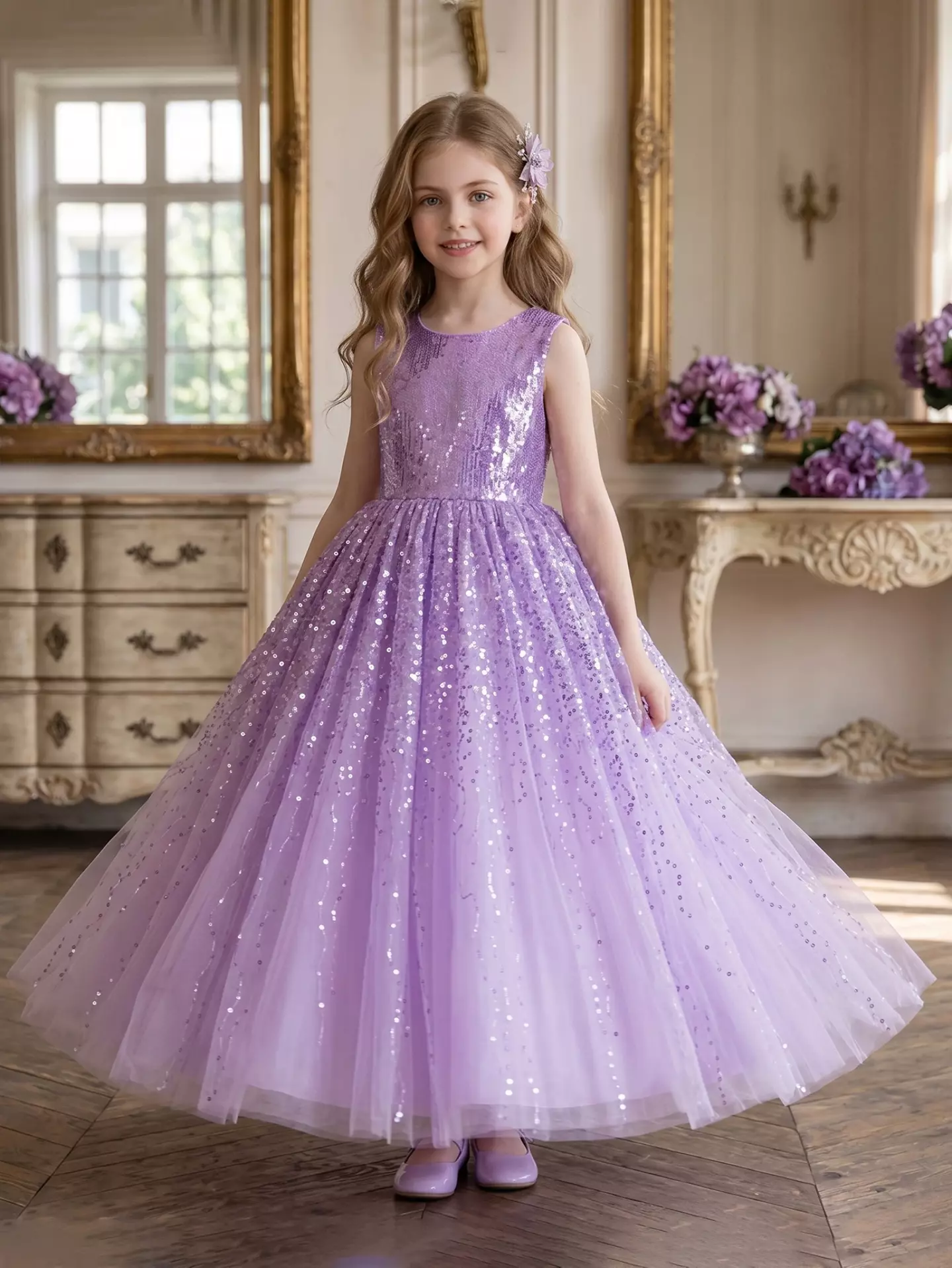 Garcia Lavender Sequin Bodice Sparkle Tulle Tea Length Girls Party Dress