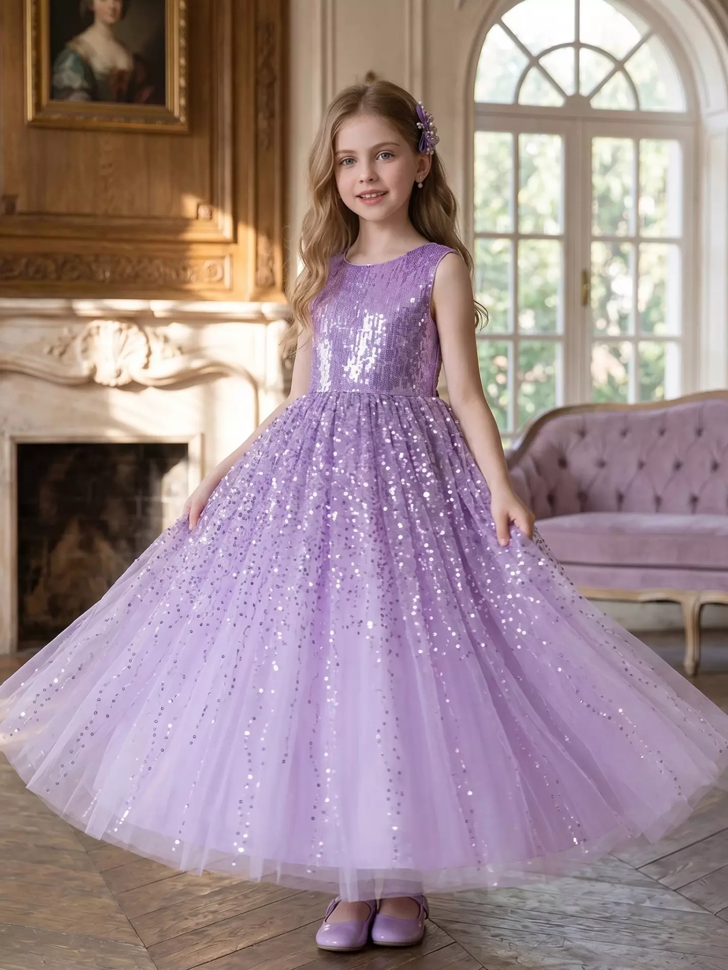 Garcia Lavender Sequin Bodice Sparkle Tulle Tea Length Girls Party Dress