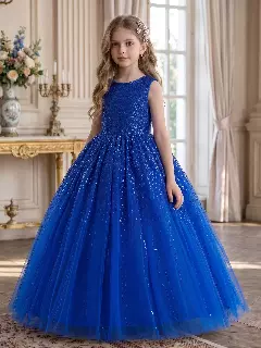 Emiliana Royal Blue Sequin V-Back Tulle Tea Length Girls Party Dress
