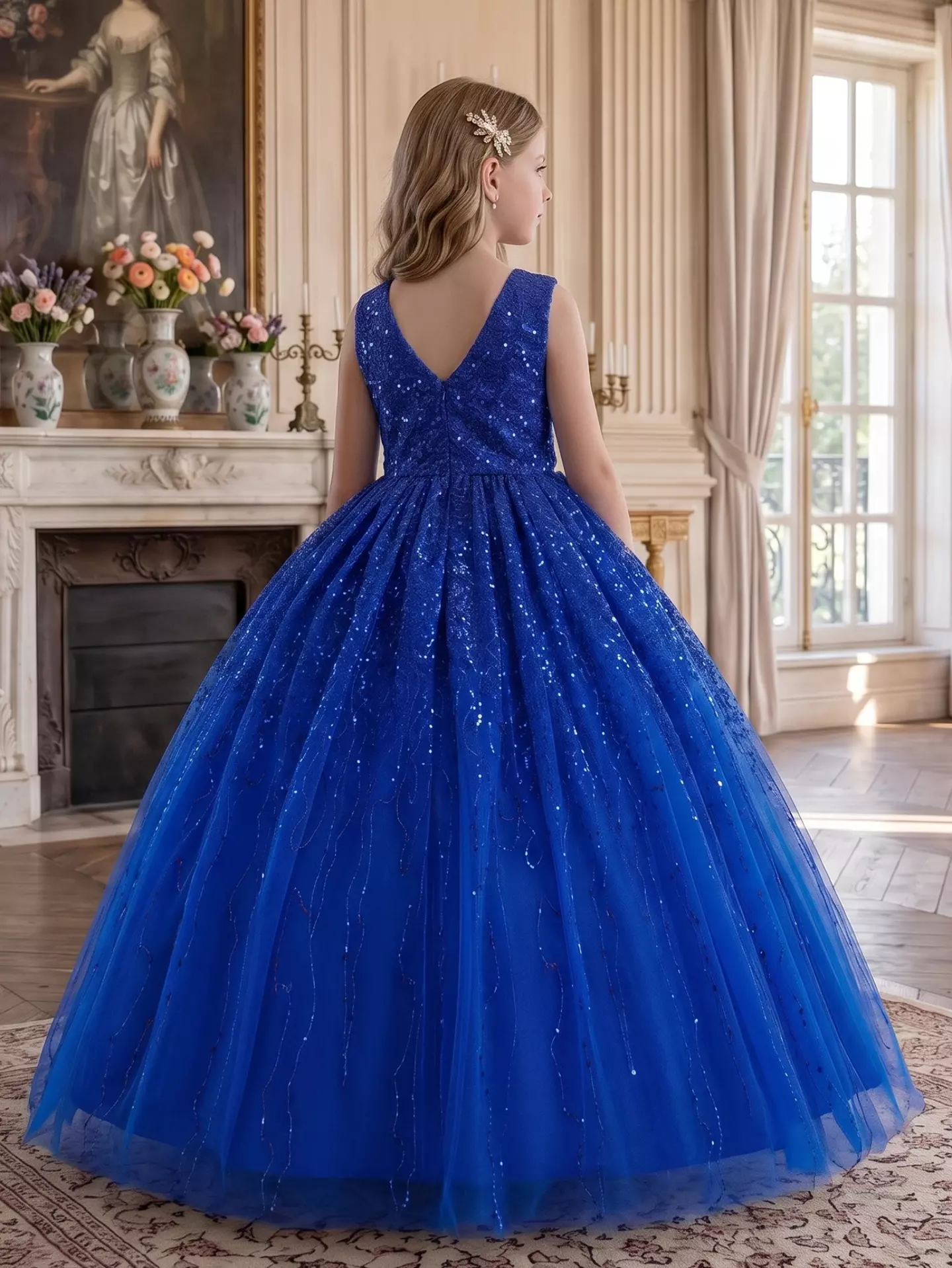 Emiliana Royal Blue Sequin V-Back Tulle Tea Length Girls Party Dress
