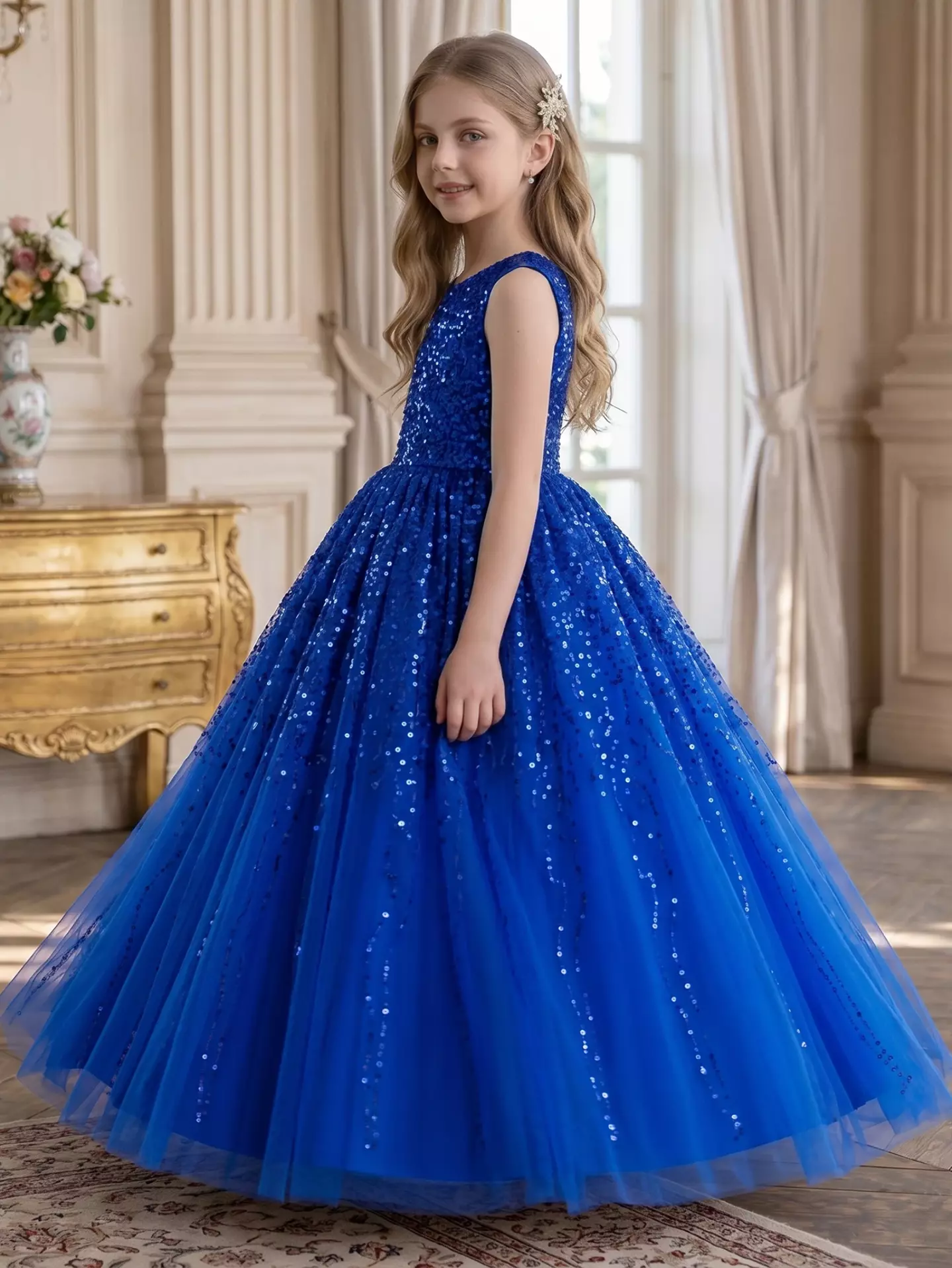 Emiliana Royal Blue Sequin V-Back Tulle Tea Length Girls Party Dress