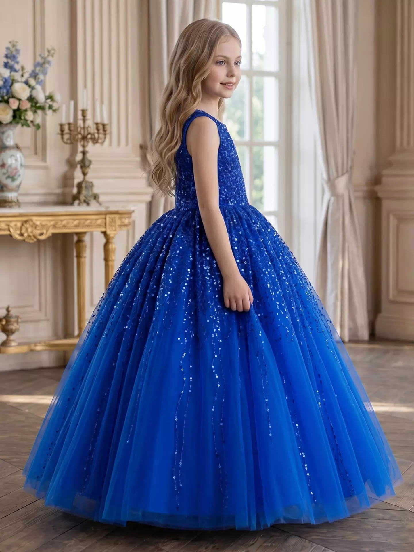 Emiliana Royal Blue Sequin V-Back Tulle Tea Length Girls Party Dress