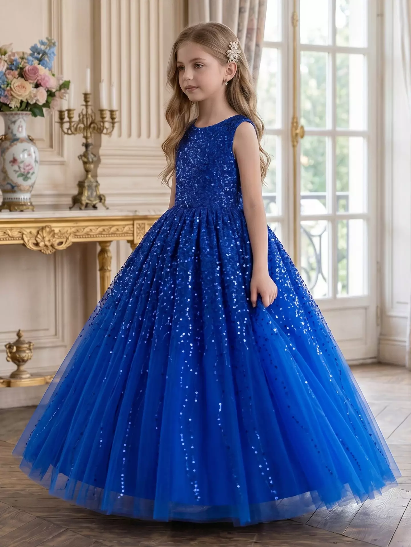 Emiliana Royal Blue Sequin V-Back Tulle Tea Length Girls Party Dress