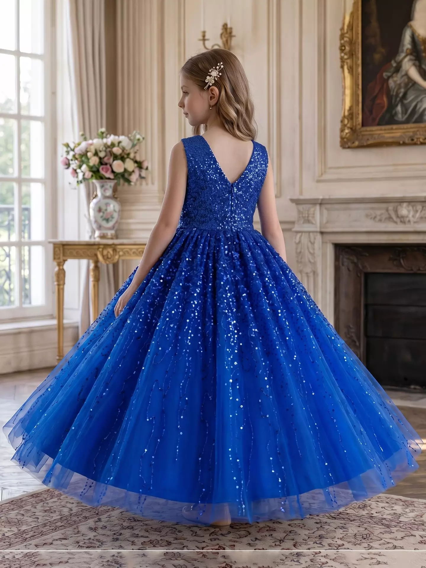 Emiliana Royal Blue Sequin V-Back Tulle Tea Length Girls Party Dress