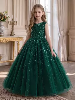 Emiliana Forest Green Sequin V-Back Tulle Tea Length Girls Party Dress