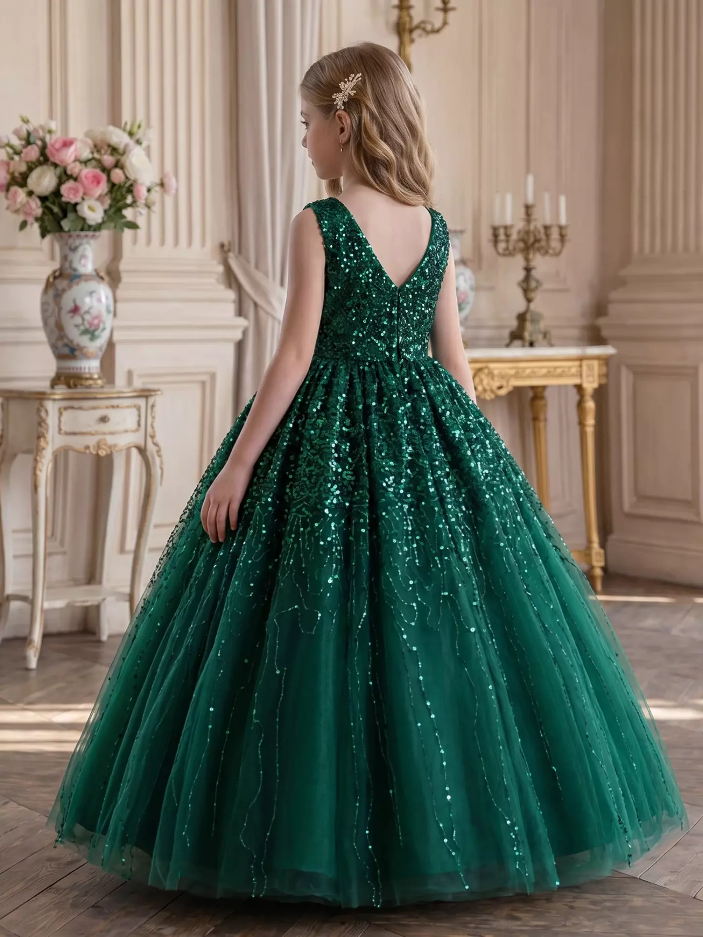 Emiliana Forest Green Sequin V-Back Tulle Tea Length Girls Party Dress
