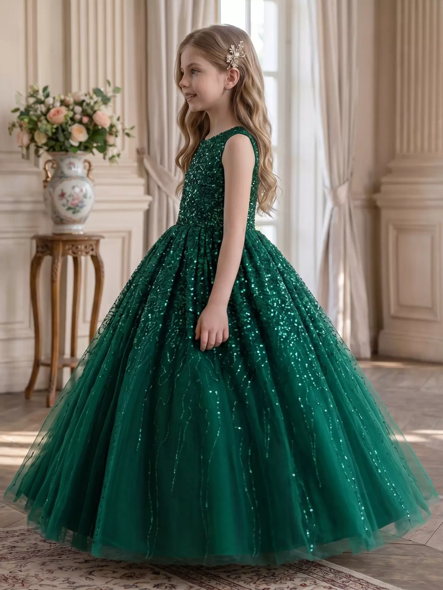 Emiliana Forest Green Sequin V-Back Tulle Tea Length Girls Party Dress