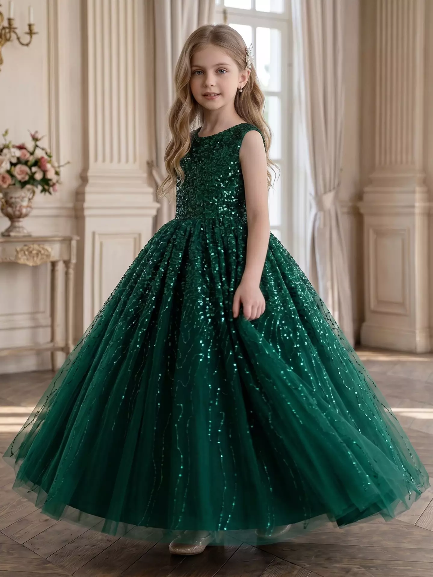 Emiliana Forest Green Sequin V-Back Tulle Tea Length Girls Party Dress