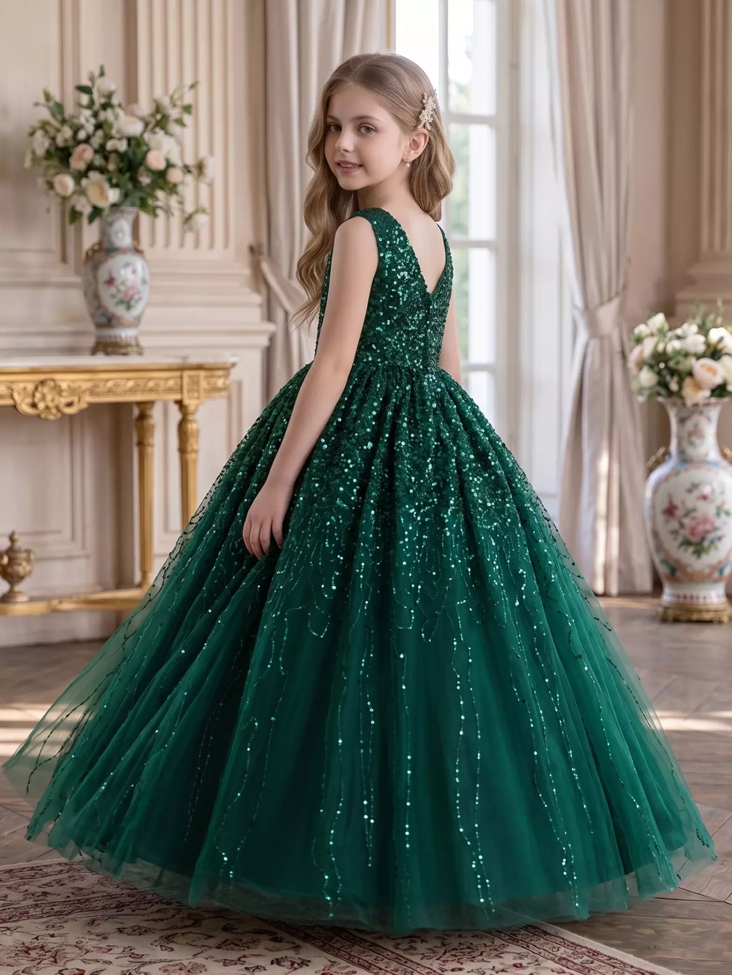 Emiliana Forest Green Sequin V-Back Tulle Tea Length Girls Party Dress