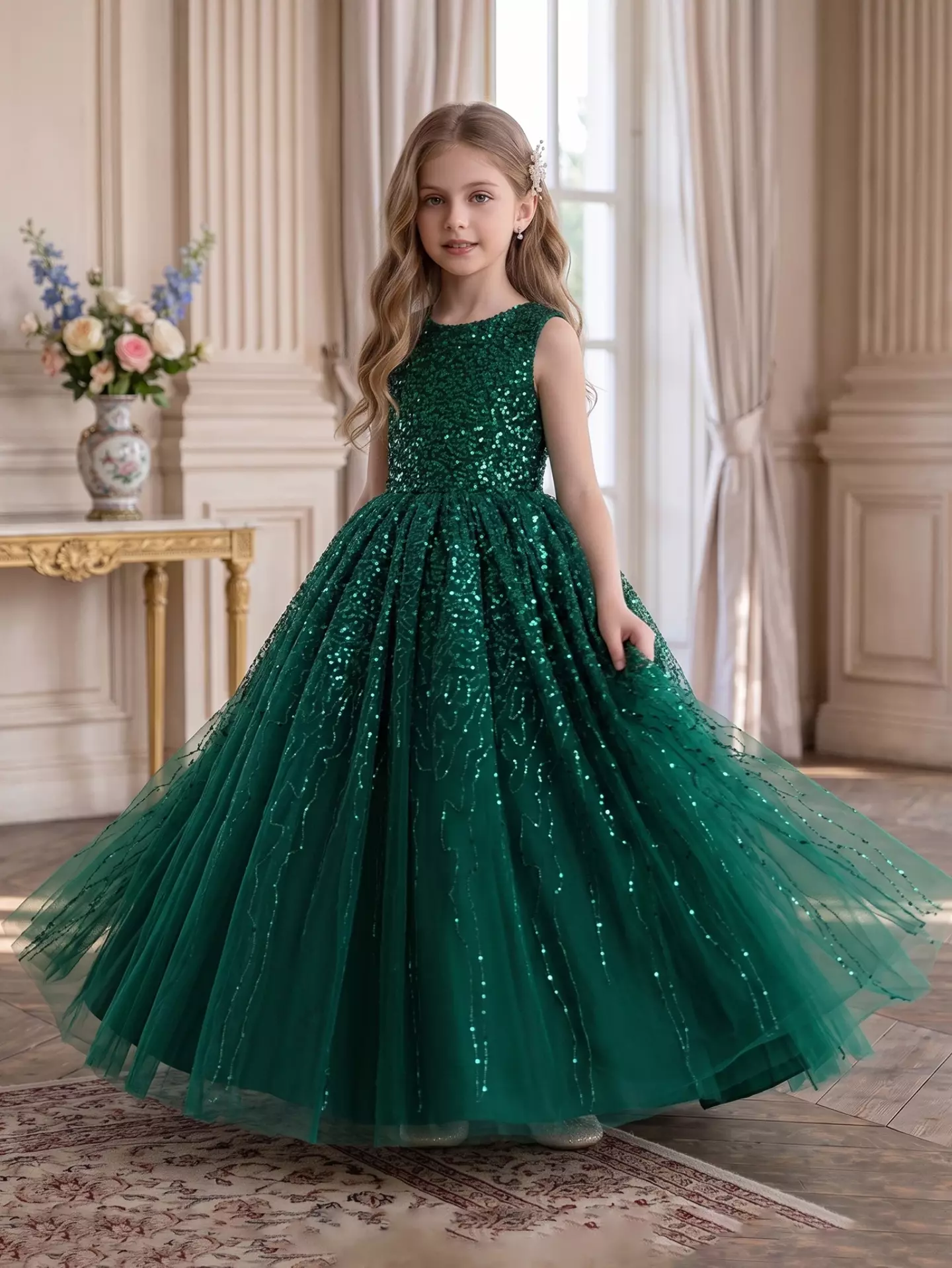 Emiliana Forest Green Sequin V-Back Tulle Tea Length Girls Party Dress