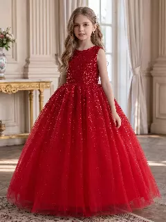 Emiliana Red Sequin V-Back Tulle Tea Length Girls Party Dress