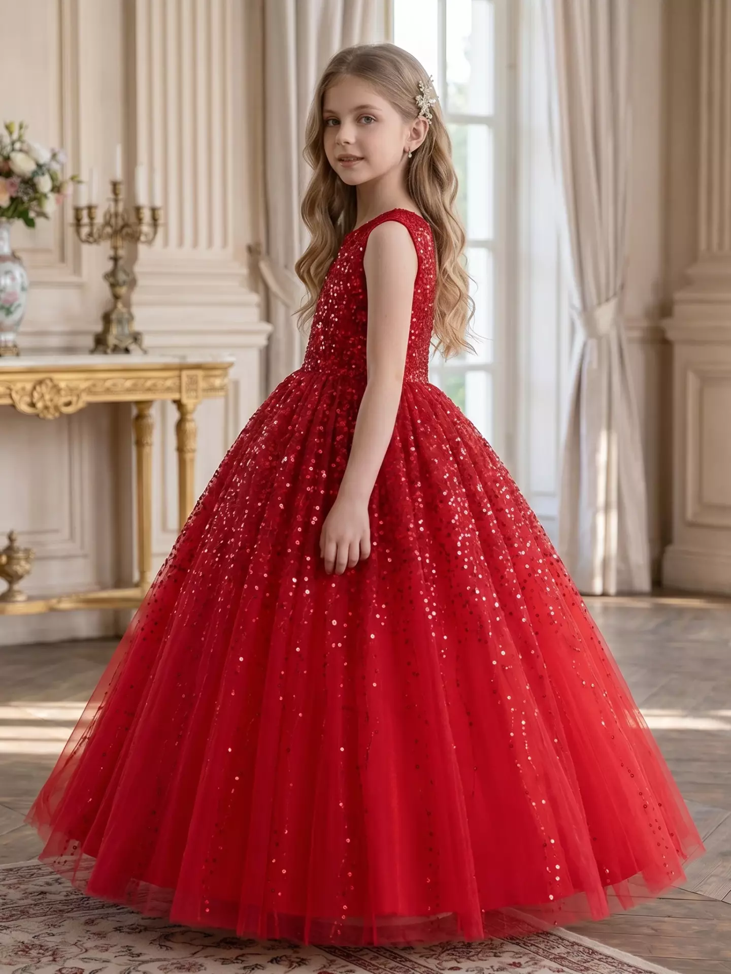 Emiliana Red Sequin V-Back Tulle Tea Length Girls Party Dress