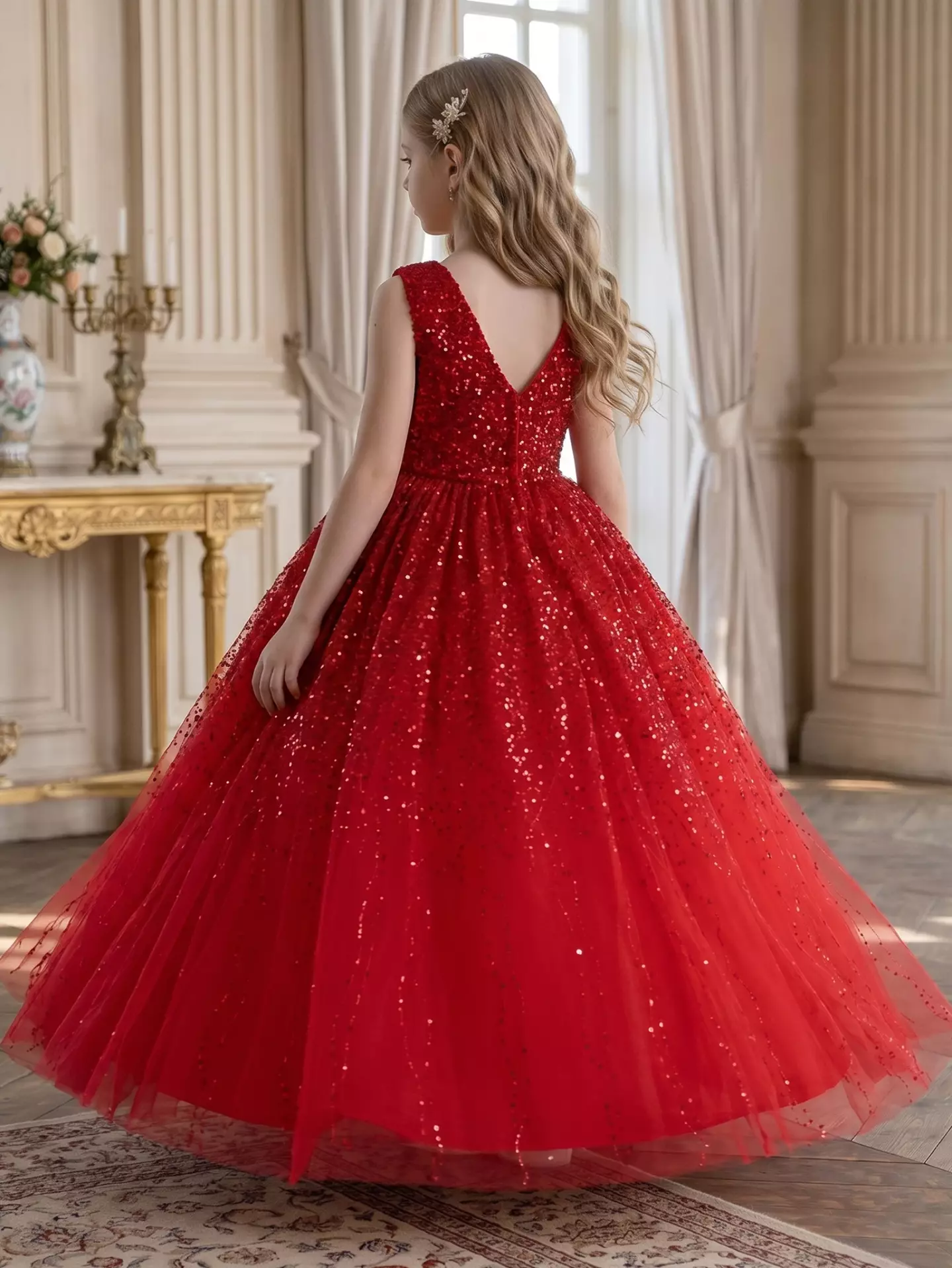 Emiliana Red Sequin V-Back Tulle Tea Length Girls Party Dress